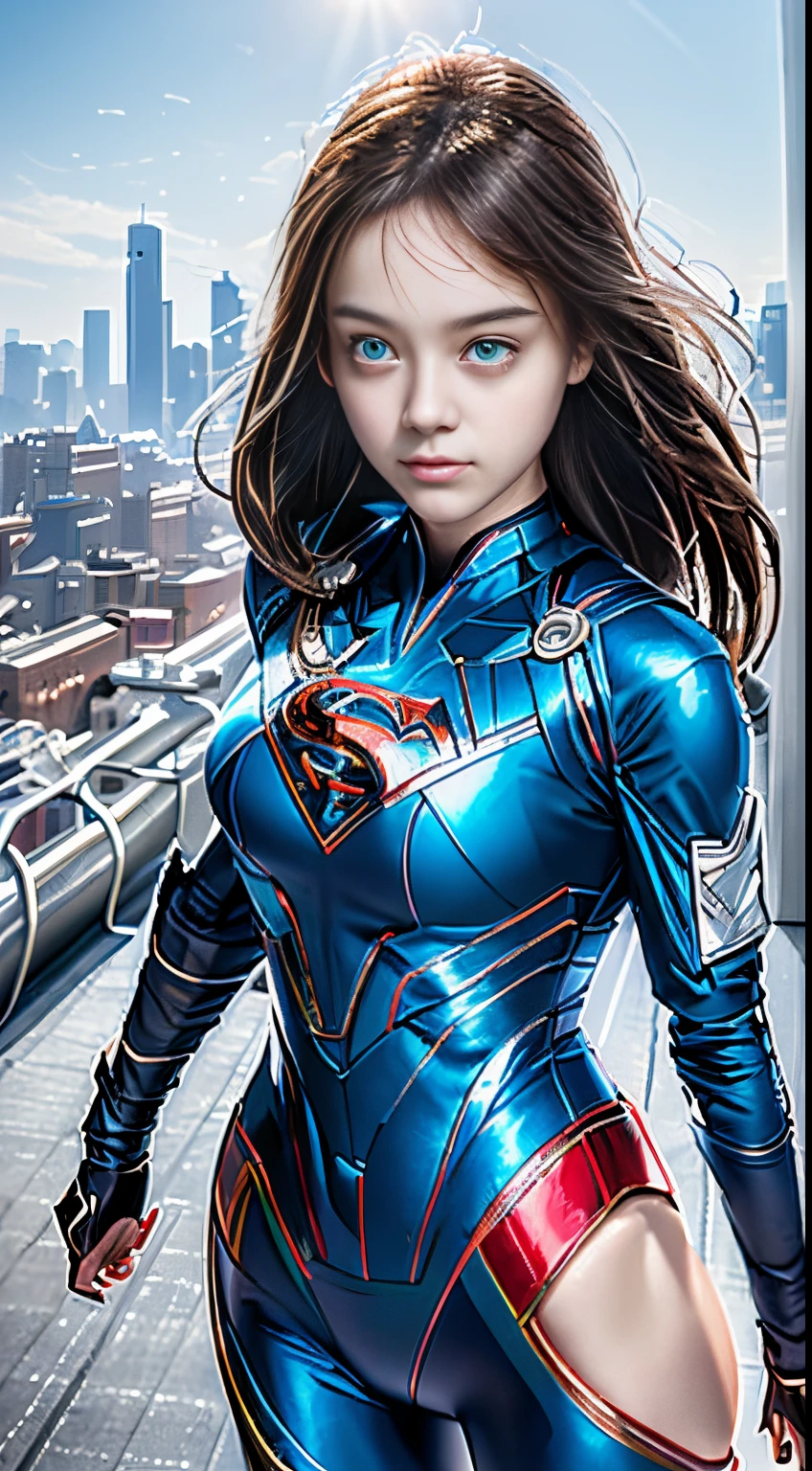 (1girll:1.5), Solo, (((Very detailed face)))), ((Very detailed eyes and face)))), Beautiful detail eyes, Body parts__, offcial art, Unified 8K Wallpaper, super detailed, Beautiful and beautiful, Beautiful, masutepiece, Best Quality, Original, masutepiece, ultra fine photos, Best Quality, 超A high resolution, Realistic realism, Sunlight, Full body portrait, Amazing beauty, Dynamic Pose, Delicate face, Bright eyes when viewed from the front), She wears a Superman suit, Red and blue color scheme, hide, very detailed city roof background, On the rooftop, overlooking a city, Detailed face, Detailed complex busy background, Messy, Gorgeous, Milky White, highly detailedskin, Realistic skin details, Visible Pore, Clear focus, Volume Fog, 8K UHD, Digital SLR, High quality, film grains, Fair skin, photorealisim, nffsw, Futuristic dystopian megalopolis, translucent