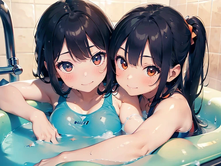 (​masterpiece:1.3),top-quality,Highest Definition,(Top resolution:1.3),Top image quality,(8K分辨率:1.3),(sharpnes:1.5),Fine eyes,Fine hair,(A hyper-realistic:1.5),swim wears(orange and navy blue、Depicted in detail、Orange Camisole、Dark blue shorts、Drenched in clear slimy lotion),2girls(17 age、cute smile face、feel attractive、embracing each other),slimy in the bathroom(Large bathtub,Slimy lotion),