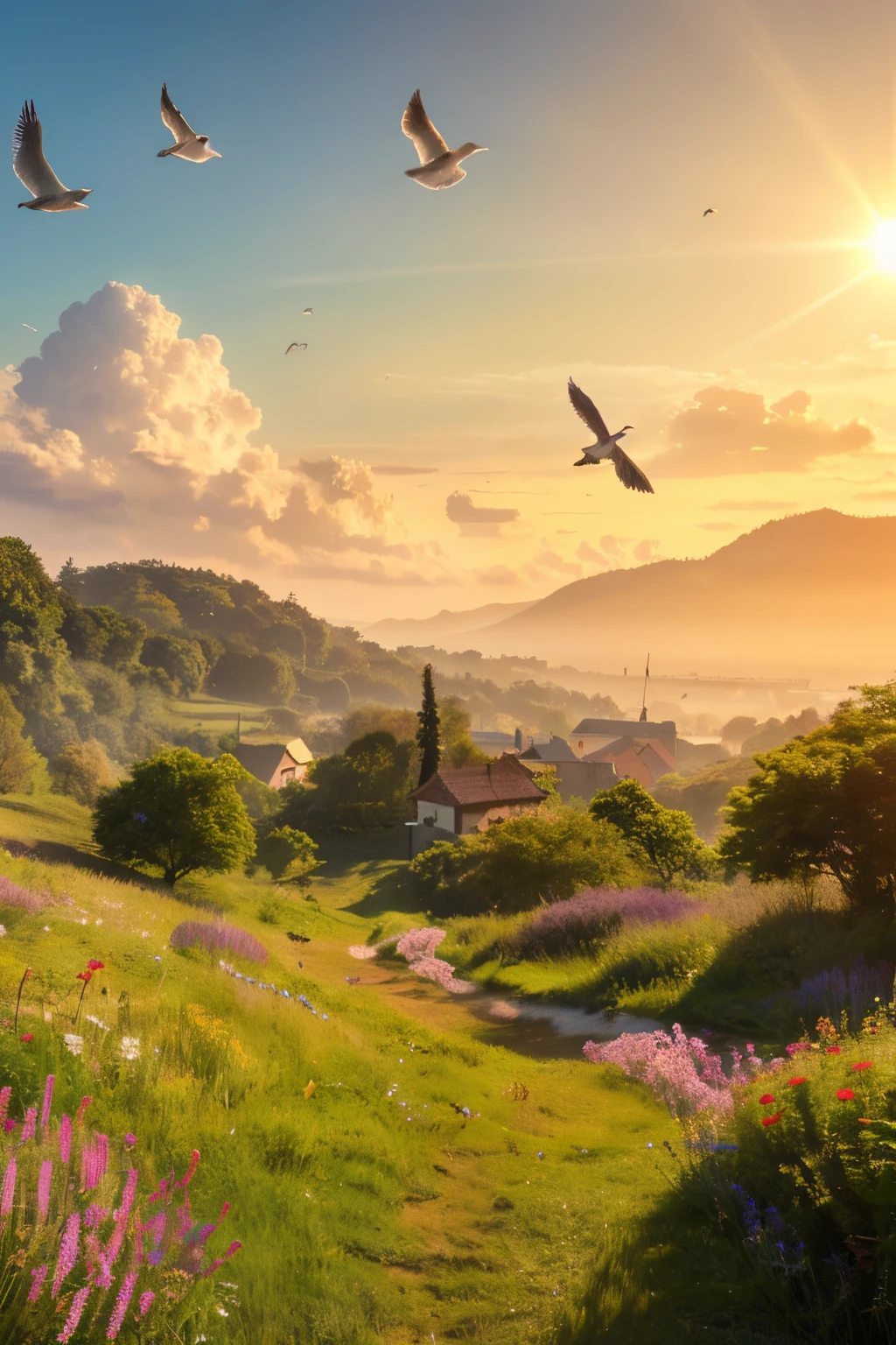 landscape. Capture the awe-inspiring beauty of a peaceful meadow with gentle rolling hills, where the sunlight bathes the landscape in a warm, golden glow. Paint vibrant wildlife seamlessly blending into the lush foliage, and birds soaring gracefully through the open sky. Embrace the intricate details of nature in a realistic and highly detailed composition, inviting viewers to immerse themselves in this serene masterpiece. breathtaking. trending on artstation, sharp focus, studio photo, intricate detail, realistic. ultra HD, vivid colors, rich color, pen and ink, perfect composition, digital artwork, illustrative, painterly. award-winning, professional, . beautiful, detailed, textural, artistic, insanely detailed octane render, 8k artistic photography, photorealistic concept art, soft natural volumetric cinematic perfect light, studio photo, close-up