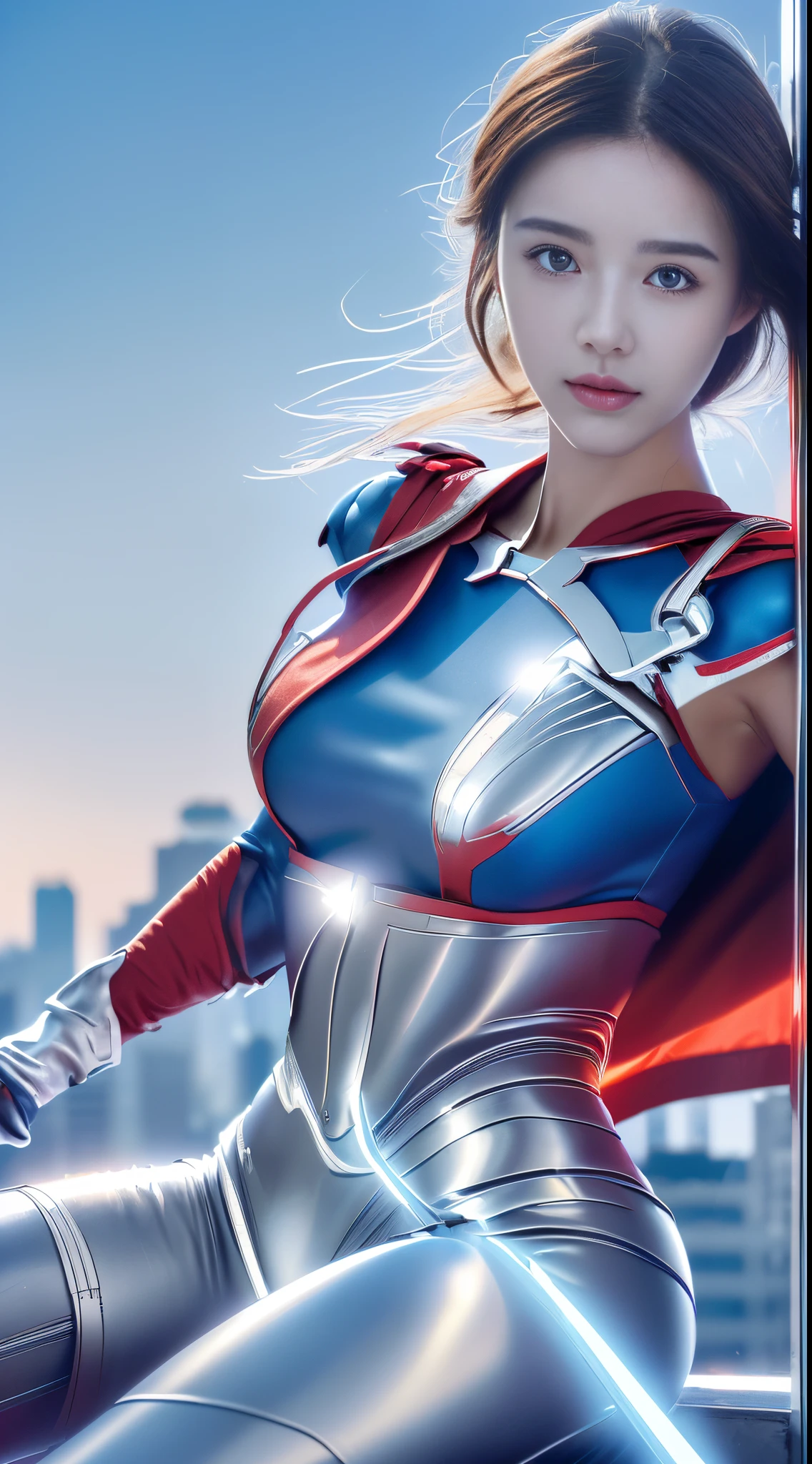 (1girll:1.5), Solo, (((Very detailed face)))), ((Very detailed eyes and face)))), Beautiful detail eyes, Body parts__, offcial art, Unified 8K Wallpaper, super detailed, Beautiful and beautiful, Beautiful, masutepiece, Best Quality, Original, masutepiece, ultra fine photos, Best Quality, 超A high resolution, Realistic realism, Sunlight, Full body portrait, Amazing beauty, Dynamic Pose, Delicate face, Bright eyes from the front), She wears a Superman suit, Red and blue color scheme, hide, very detailed city roof background, On the rooftop, overlooking a city, Detailed face, Detailed complex busy background, Messy, Gorgeous, Milky White, highly detailedskin, Realistic skin details, Visible Pore, Clear focus, Volume Fog, 8K UHD, Digital SLR, High quality, film grains, Fair skin, photorealisim, nffsw, Futuristic dystopian megalopolis, translucent
