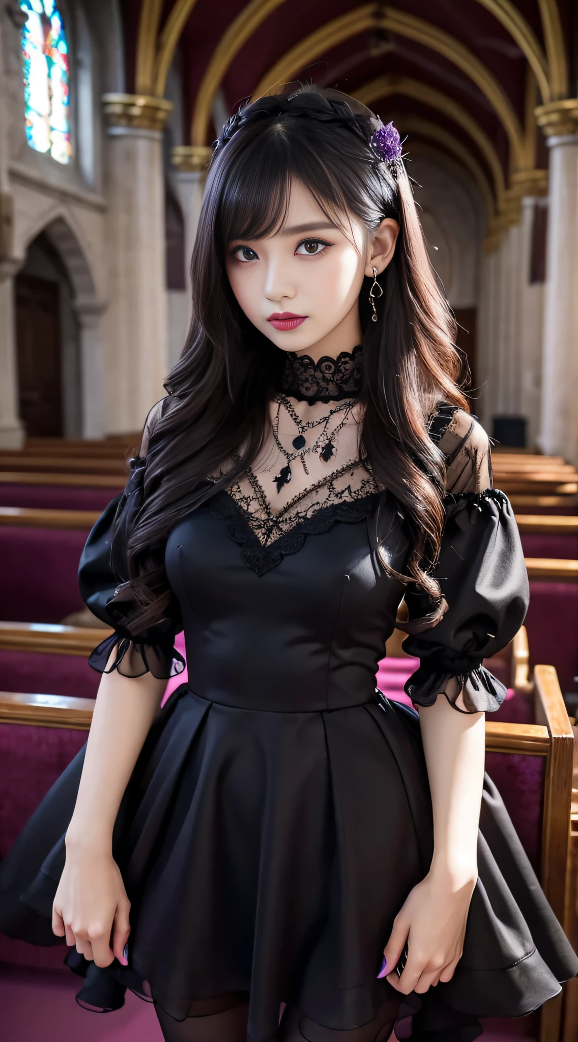 LTRA Details、Fascinating beauty、Dainty woman、Cool Girl、Wavy Hair、Black chiffon dress、Wide sleeves、flered skirt、Black pantyhose、Evil Female Executive、Evil Fall、brainwash、lacy fabric、Glossy legs、black lipstick、Evil look、Suspicious look、Hollow eyes、wicked、Reaching out、Arms up、In the Church、Palm forward、Purple Lipstick、Pendants