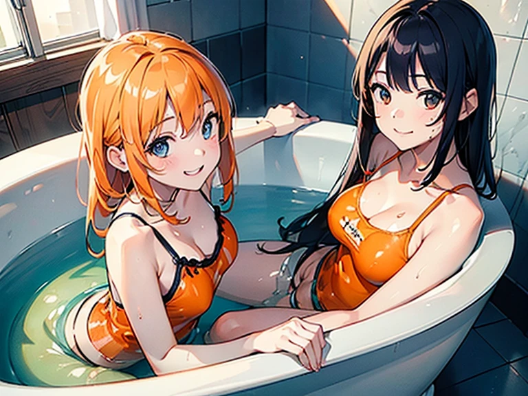 (​masterpiece:1.3),top-quality,Highest Definition,(Top resolution:1.3),Top image quality,(8K分辨率:1.3),(sharpnes:1.5),Fine eyes,Fine hair,(A hyper-realistic:1.5),swim wears(orange and navy blue、Depicted in detail、Orange Camisole、Dark blue shorts、Drenched in clear slimy lotion),2girls(17 age、cute smile face、feel attractive、embracing each other),slimy in the bathroom(Large bathtub,Slimy lotion),