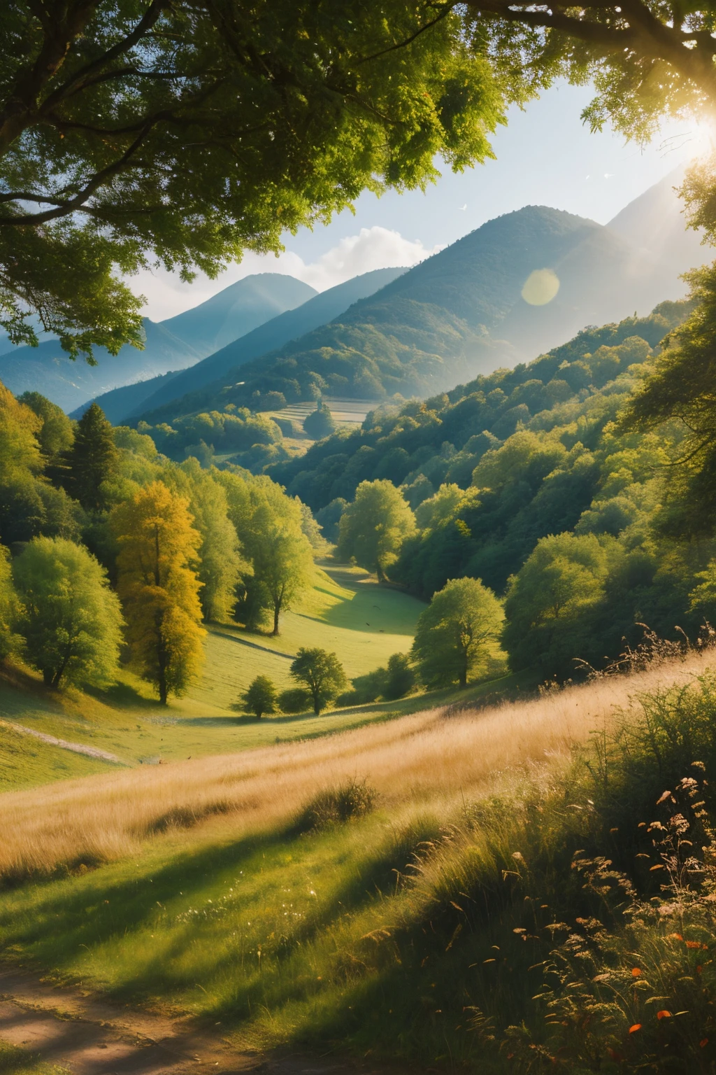 landscape. Capture the awe-inspiring beauty of a peaceful meadow with gentle rolling hills, where the sunlight bathes the landscape in a warm, golden glow. Paint vibrant wildlife seamlessly blending into the lush foliage, and birds soaring gracefully through the open sky. Embrace the intricate details of nature in a realistic and highly detailed composition, inviting viewers to immerse themselves in this serene masterpiece. breathtaking. trending on artstation, sharp focus, studio photo, intricate detail, realistic. ultra HD, vivid colors, rich color, pen and ink, perfect composition, digital artwork, illustrative, painterly. award-winning, professional, . beautiful, detailed, textural, artistic, insanely detailed octane render, 8k artistic photography, photorealistic concept art, soft natural volumetric cinematic perfect light, studio photo, close-up