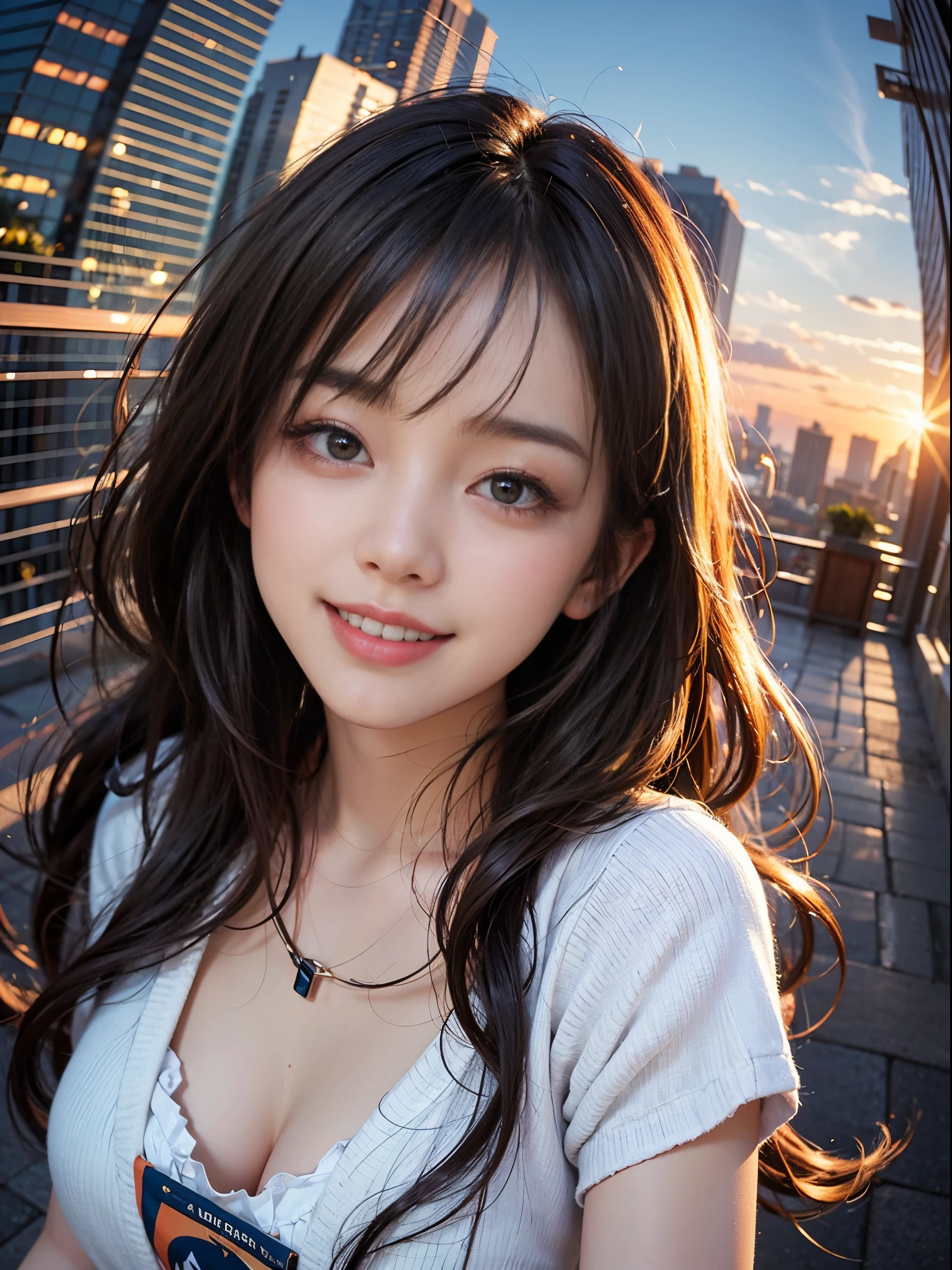 1 punk girl, fish eye, Self-shot, Wind, hair messy, Sunset, Cityscape, (Aesthetics and atmosphere:1.2),Smiling、Hyper-realistic