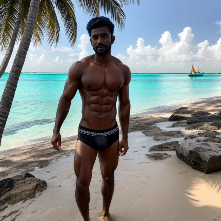 Maldivian male, sexy underwear black, athletic body, beach boy