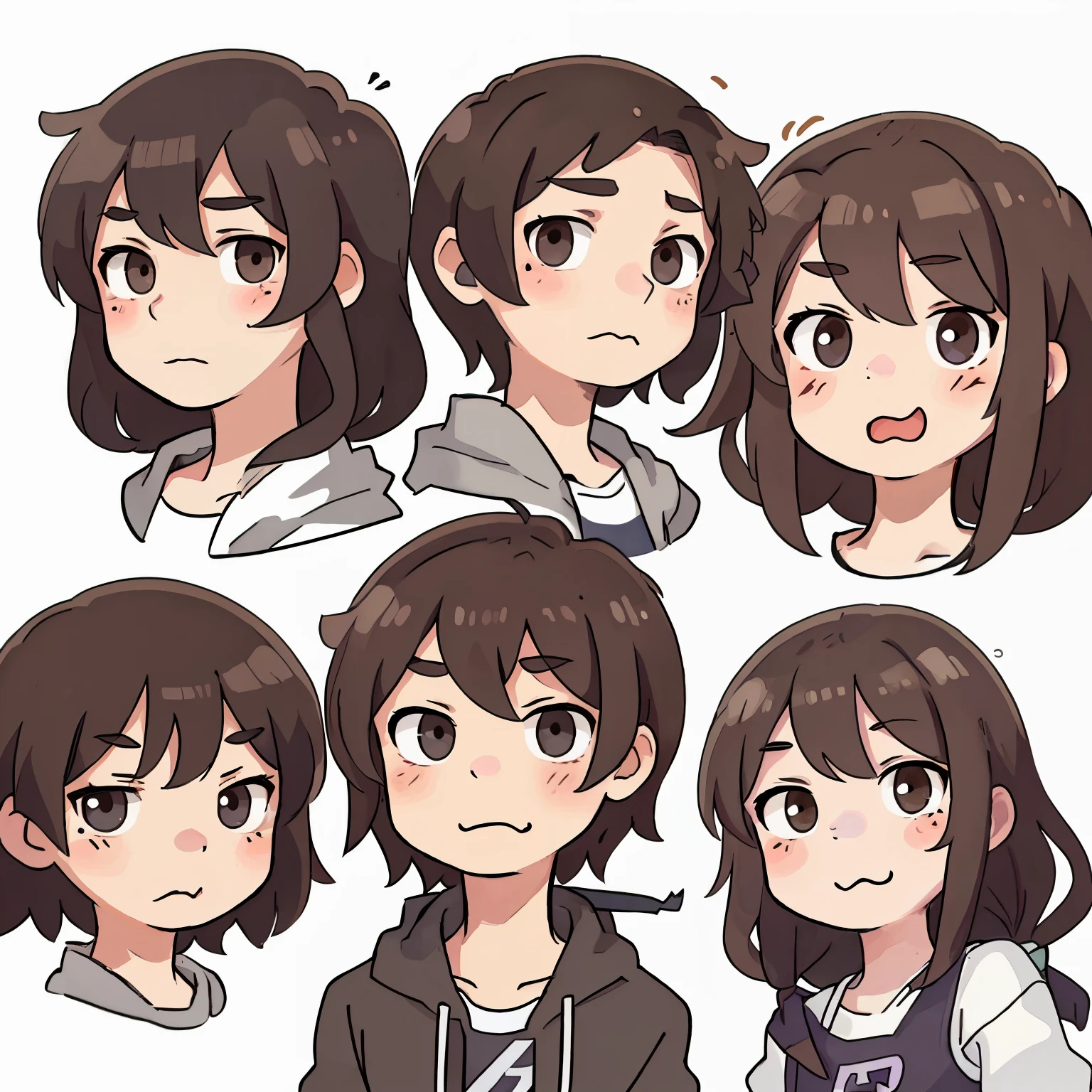 Twitch emote, cartoon, different expressions, 6 versions, face only, cute, boy, dark brown hair, white skin, cartoon style art