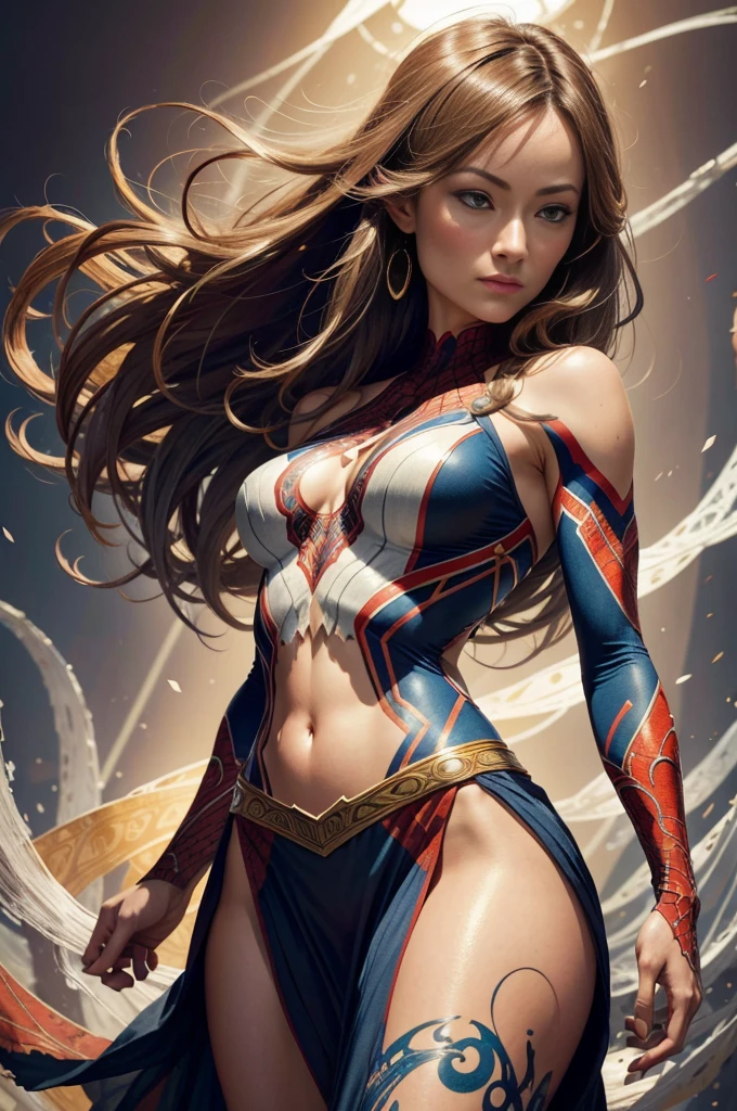 "Olivia Wilde, showing her belly button, In New York, wearing a torn spiderman suit, Wearing a skirt, abstract photorealistic, artistic, Alphonse Mucha'Masterpieces of painting, Best Quality, High resolution:1.4), Detailed, Intricate details, 4K, color splashes, line-drawing, Fibonacci, hight resolution, Vibrant colors, with fantasy background, Female features'Flowing hair and dramatic light rays.."