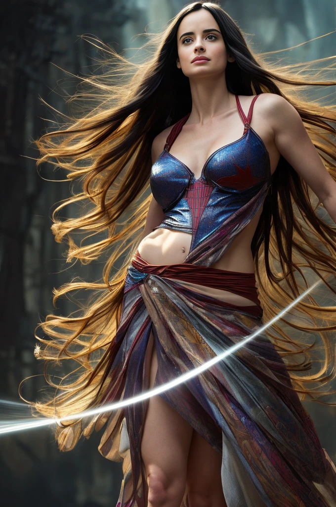 "krysten ritter, showing her belly button, In New York, wearing a torn spiderman suit, Wearing a skirt, abstract photorealistic, artistic, Alphonse Mucha'Masterpieces of painting, Best Quality, High resolution:1.4), Detailed, Intricate details, 4K, color splashes, line-drawing, Fibonacci, hight resolution, Vibrant colors, with fantasy background, Female features'Flowing hair and dramatic light rays.."