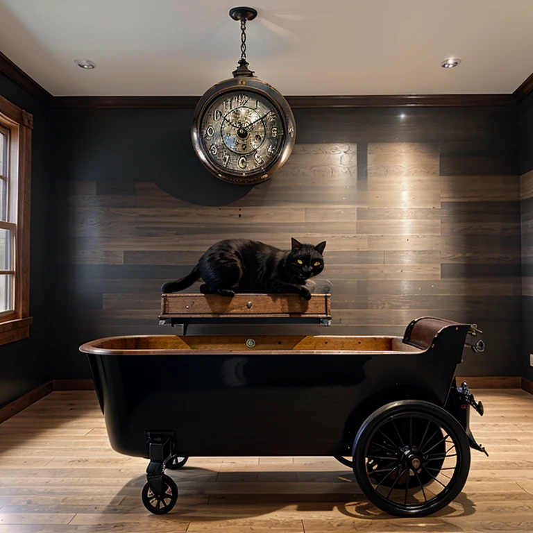 American contemporary antique room, Black cat wall clock, Tin trailer, Pixar, UHD, ccurate, high details, award winning, best quality