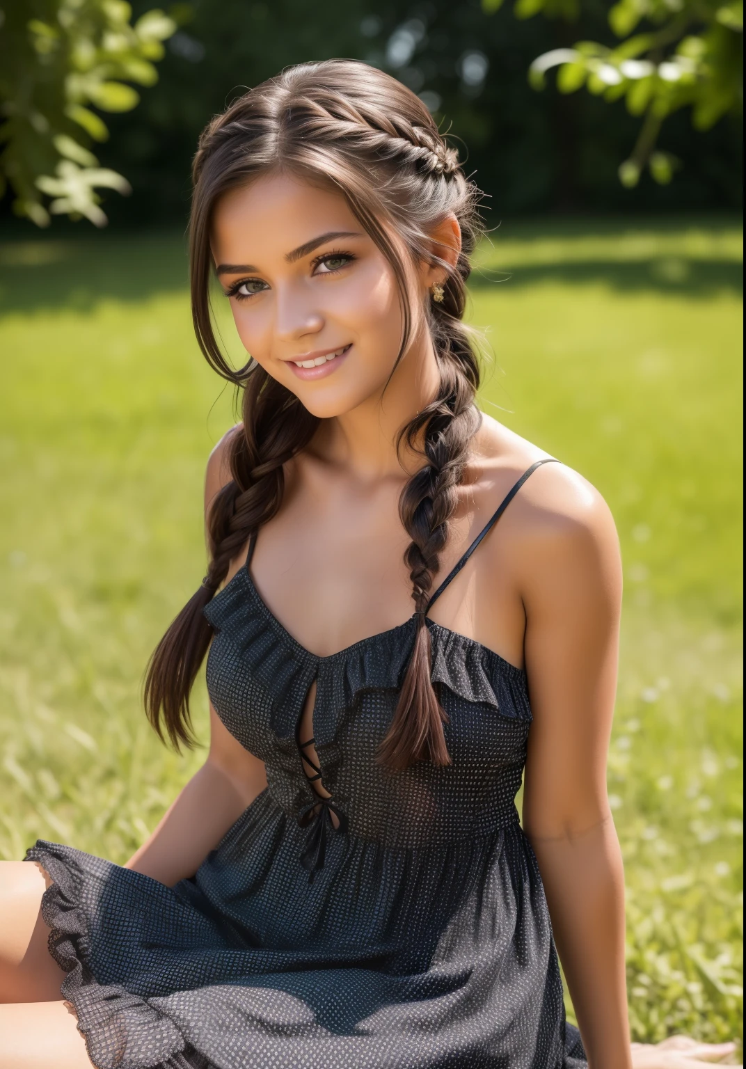 best quality, ultra hi res, photoreaslistic, a photography of a beautiful woman, 18 yo age, detailed face, black Messy fishtail braid,delicate clothes with a lot of frills and ribboneach, (face close up), seductive look, looking at viewer, summer dress, sitting on the ground, happy smile