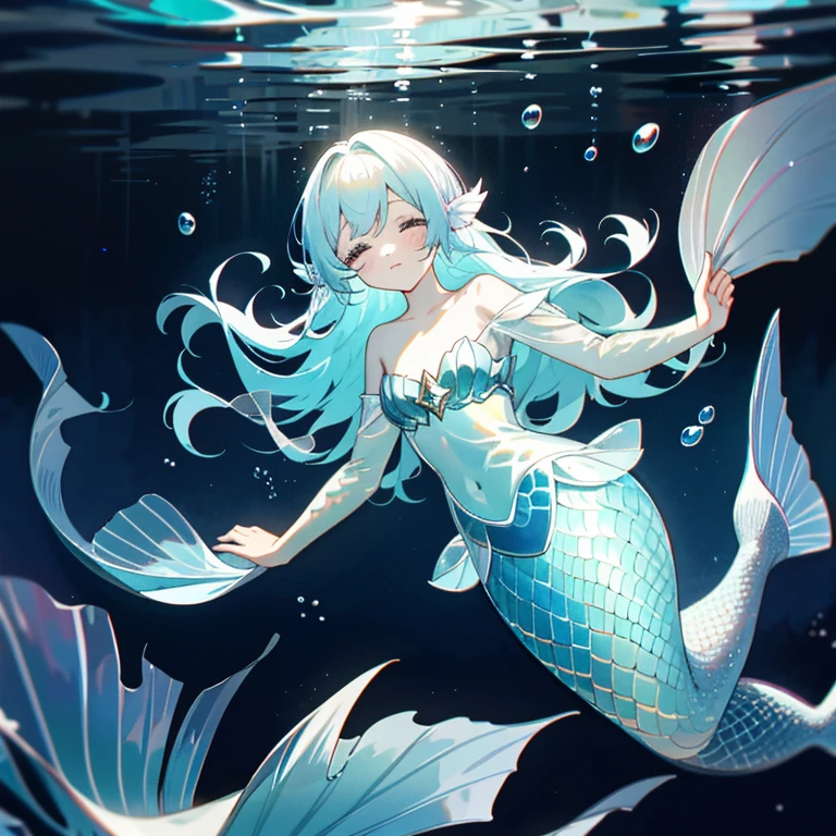 A mermaid with a thick layer of blubber, completely see-through transparent skin, no ears, and clear eyes, swimming in the deep sea,