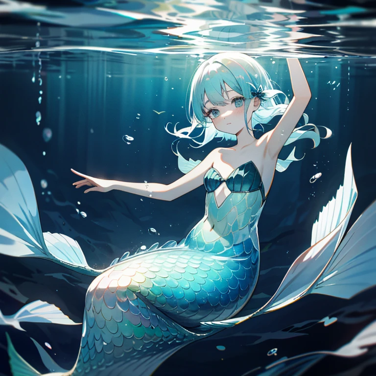 A mermaid with a thick layer of blubber, completely see-through transparent skin, no ears, and clear eyes, swimming in the deep sea,