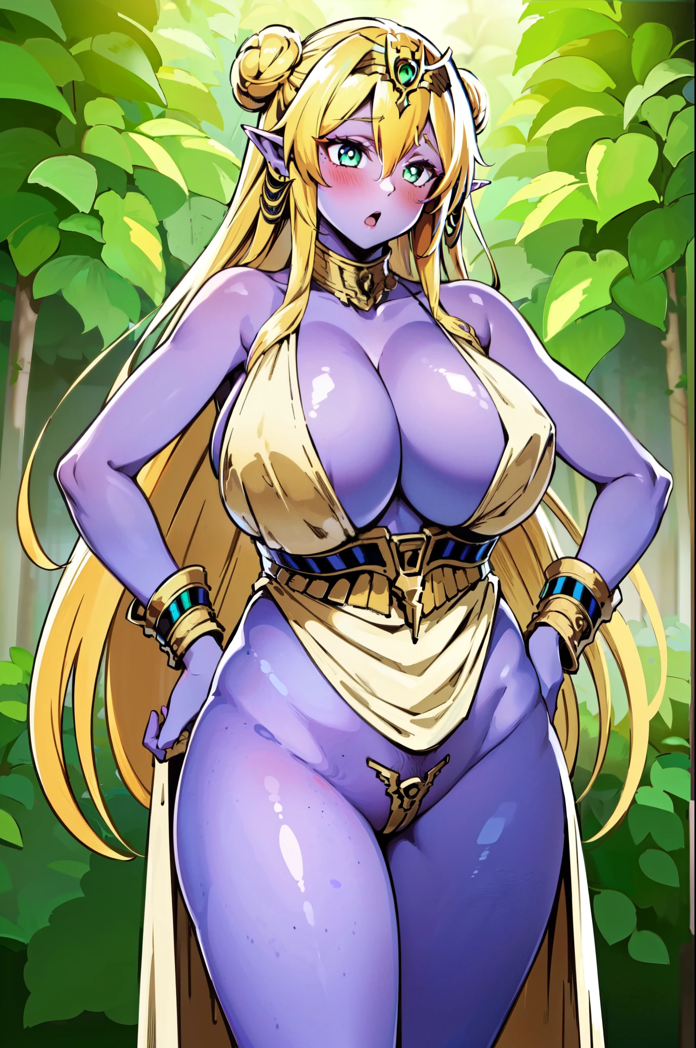 masterpiece, best quality, extremely detailed, 1girl, mature female, solo, leafa, (colored skin, purple skin:2), (gigantic breasts:1.3), ((((blonde hair), very long hair, bun, green eyes, slit pupils, pointy ears))), parted lips, (((egyptian clothes, white dress, maebari, bottomless, crotch plate))), ((blush, :o), closed mouth), ((hands on own hips, forest))
