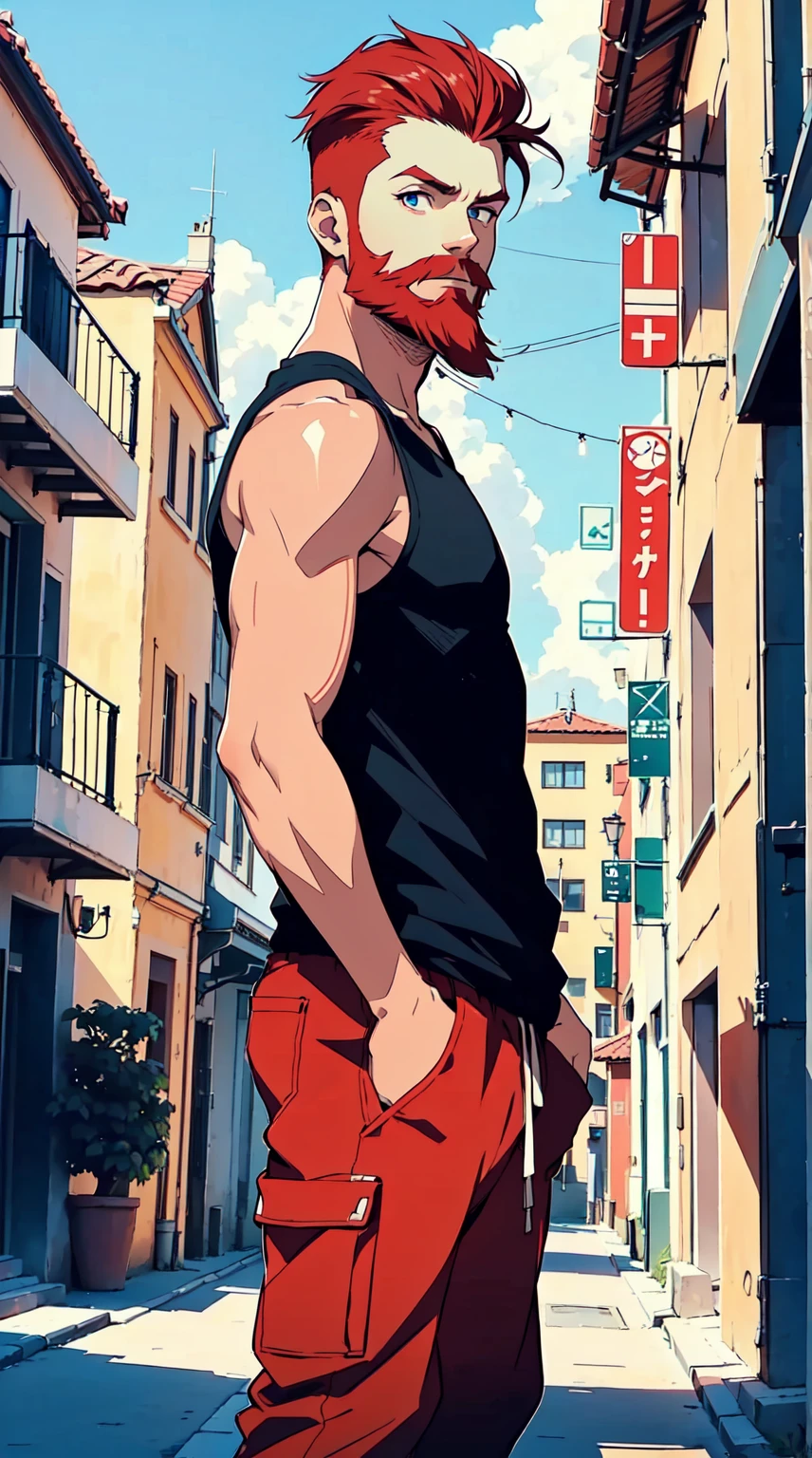 (best qulaity, masterpiece, stunning realistic, sharpness, sharp focus, sharp face,16k,uhd,1 boy 18 years old,red hair,undercut,red full beard,very muscular,tanktop,baggy cargopants,arms behind back,standing in a beautiful city,sun in the background,palmen im hintergrund,