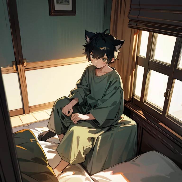 Cat boy in baggy clothes sitting on his bed