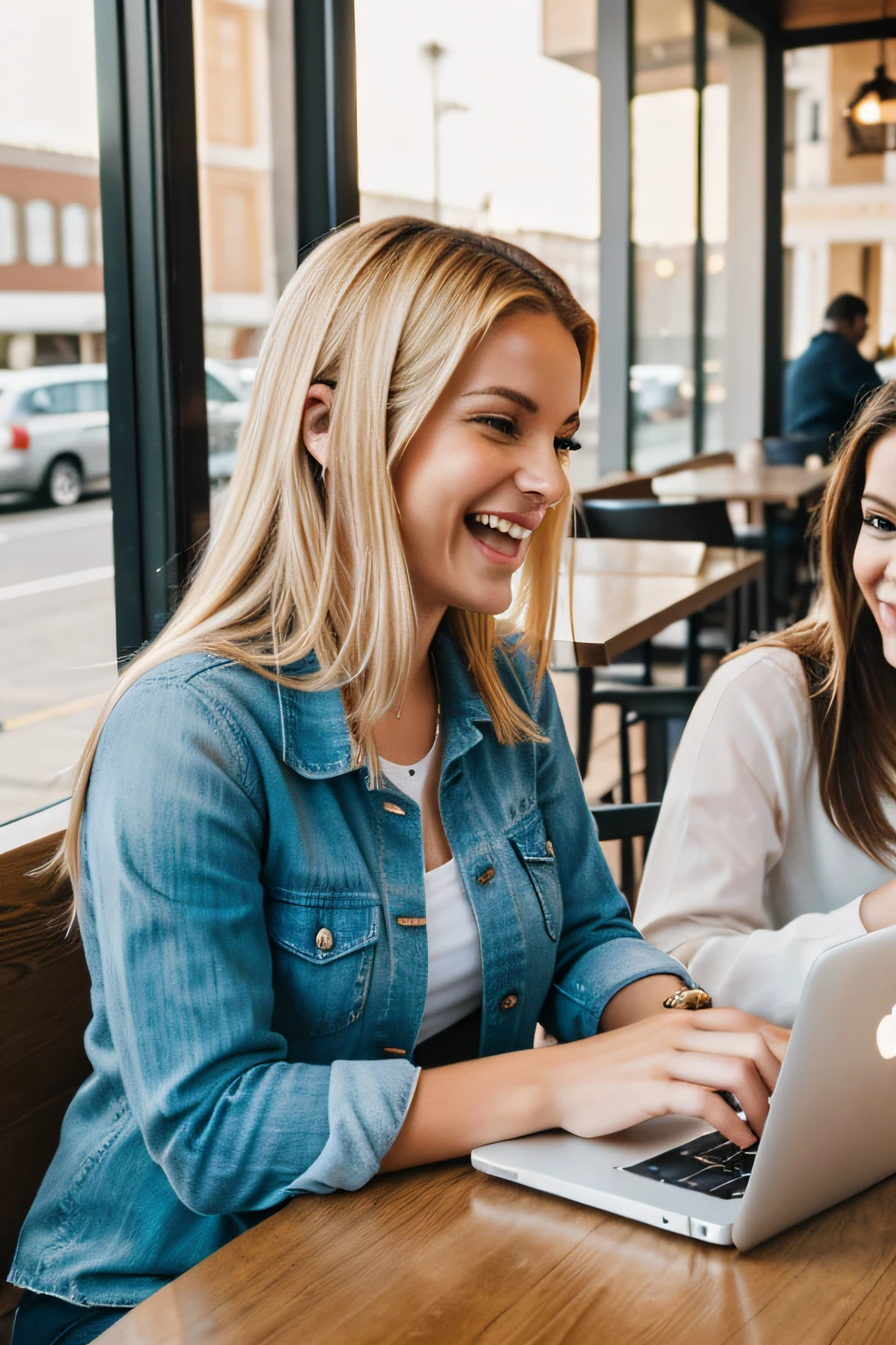 photo of a beautiful blonde female named Aria Summers, she has a think face,laughing histerically at a coffee shop with a group of friends
