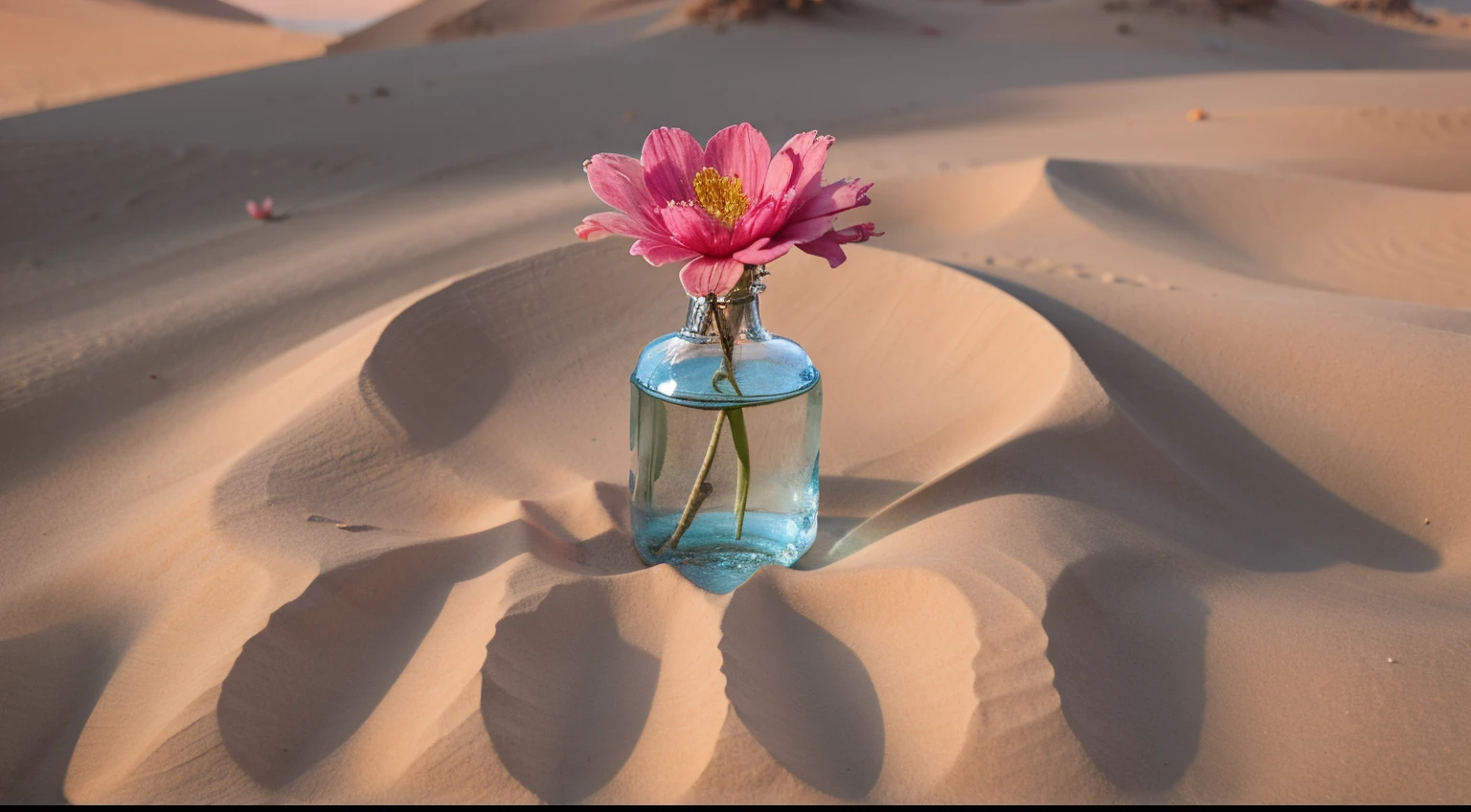 A single flower , detalhista, realista, nasceu da areia do deserto. flower with pink petals and blue leaves, estilizada, foto de filme, 4k, octane render
