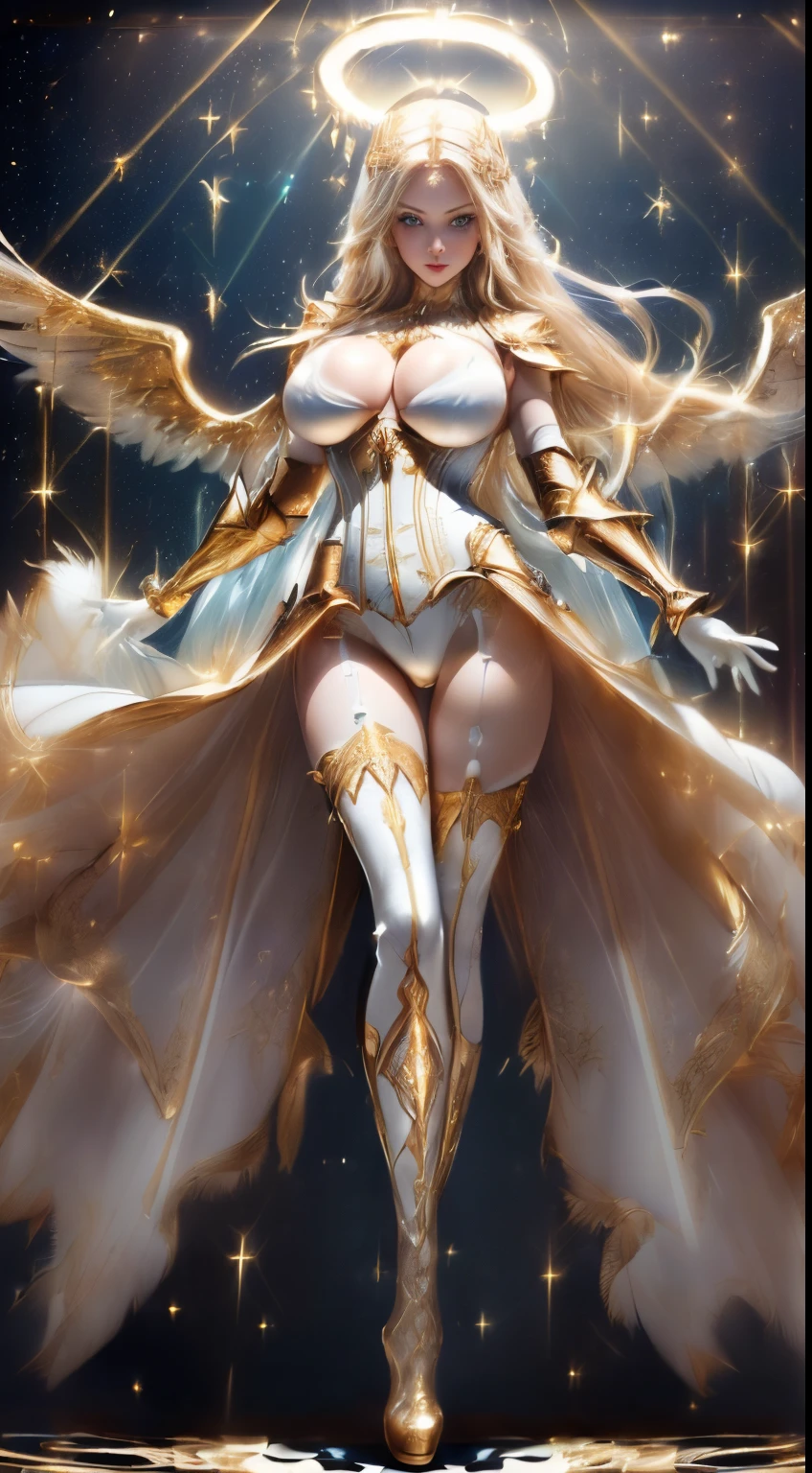 ((Magnificent, celestial, floating, complete body)) ((seductive pose)) ((tall beautiful celestial female angel)) ((Big bright blue eyes)), ((dark eyeshadows make up)) ((bright red lipstick)), ((with seductive gaze)) ((very long light blonde hair))((huge breasts:1.5)) ((perfect slenderbody:1.3)) ((long legs:1.3) ((wears fantasy light armor corset, white leotard dress with gold ornament, long fabric tail)) ((gloves and white stocking, high heel boots)) ((halo of light and gold over her head and behind her, three pair of big gold feathers wings)) ((glowing magic sparks particles floating around))((with black sky background and white light reflectors on her)), ((high definition:1.5), ((amazing lights and shadows)) ((masterpiece:1.5))((8k:1.5)) ((Best quality:1.4))