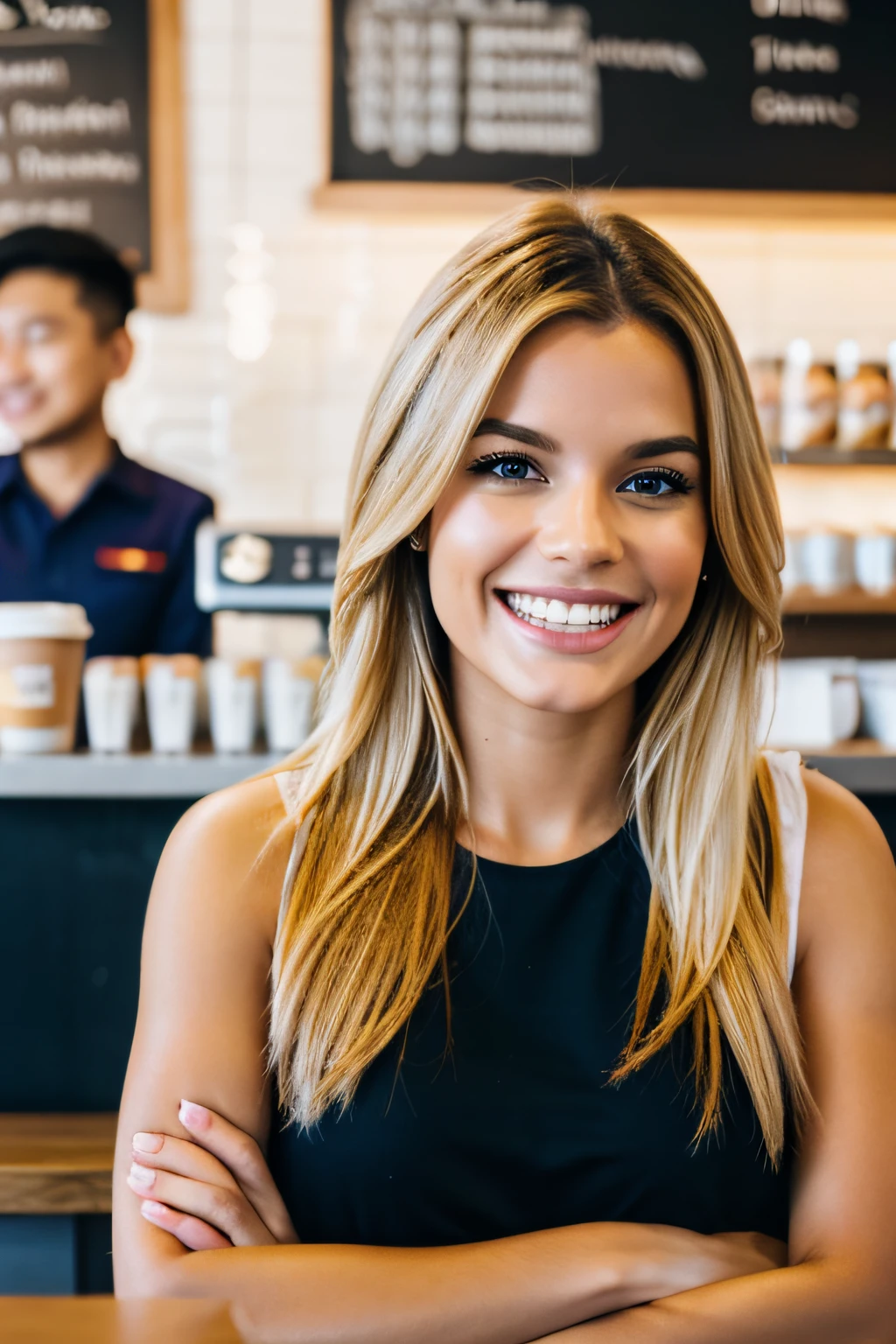 photo of a beautiful blonde female named Aria Summers, she has a think face,laughing histerically at a coffee shop with a group of friends