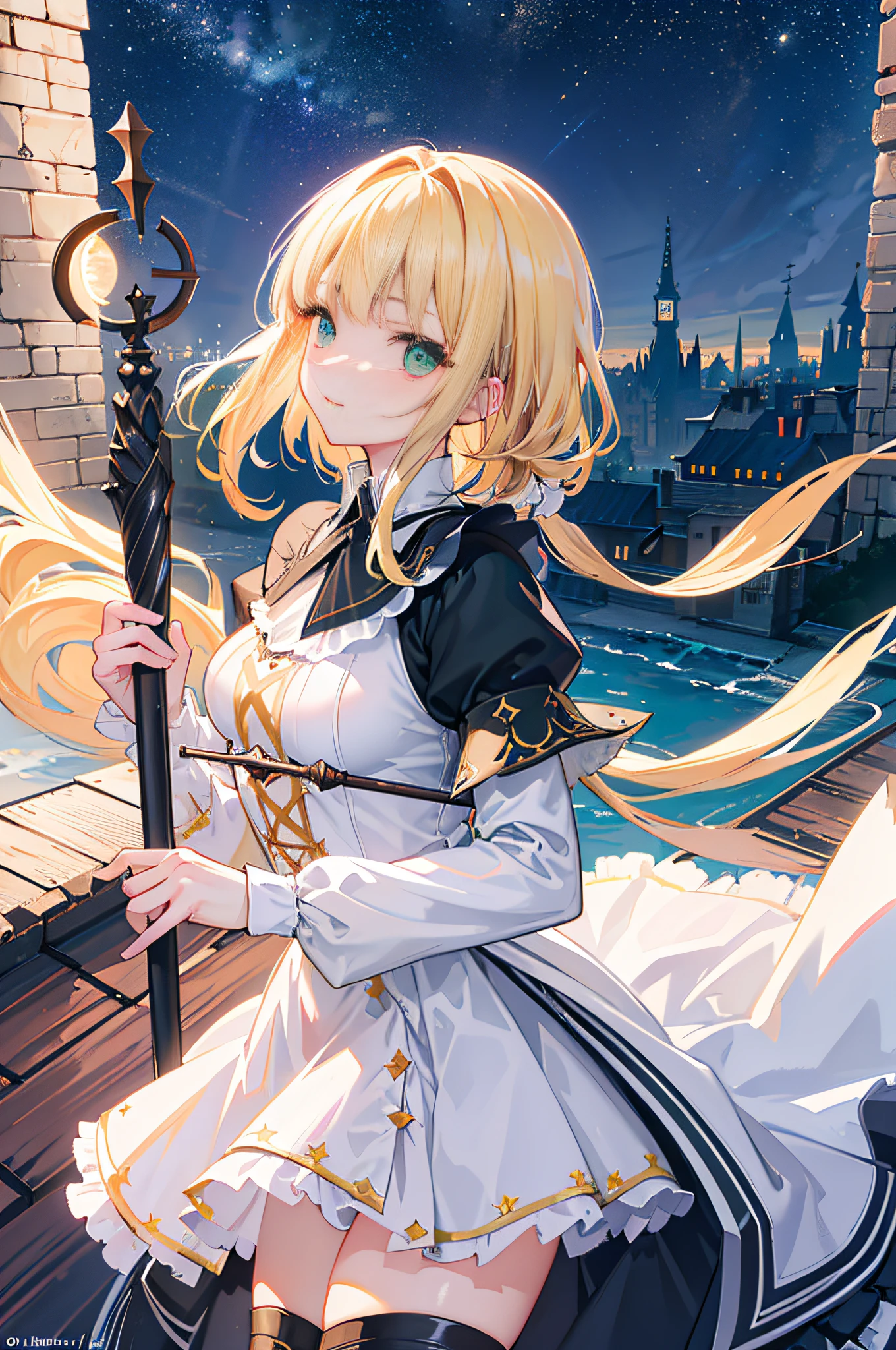 (Official art、Best Quality、Unity 8k Wallpapers、32K、masterpiece、ultra-detailliert、超A high resolution、realisitic、Photorealsitic:1.2)、(Cinematic lighting:1.2)、Fireglow effect、film grains、Best Shadows、Rim lighting、side lights、sideshot、(Ultra-detailed and complex 3D rendering)、Detailed beautiful face and eyes、Sharp pupils、Realistic pupils、A slender、1Woman、Medium bust、(Full body:1.2)、 Highly detailed background、beauitful face、16-year-old beautiful girl、(super detailed skin、detailed skin textures:1.3)、(Half Blonde、Colorful hair:1.3)、Blunt bangs、green colored eyes、magical girl costume、A slender、White shirt、Costumes with frills、frills skirt、knee sox、(thighs thighs thighs thighs:0.8)、Black boots、(Fantastic and beautiful night sky、Medieval city at night、On the roof of the tower:1.4)、(carrying a magical staff:1.3)、(Looking away、overlooking a city:1.3)、Fantastical、Gentle smile、I opened my mouth a little,Evil smile,Furious,