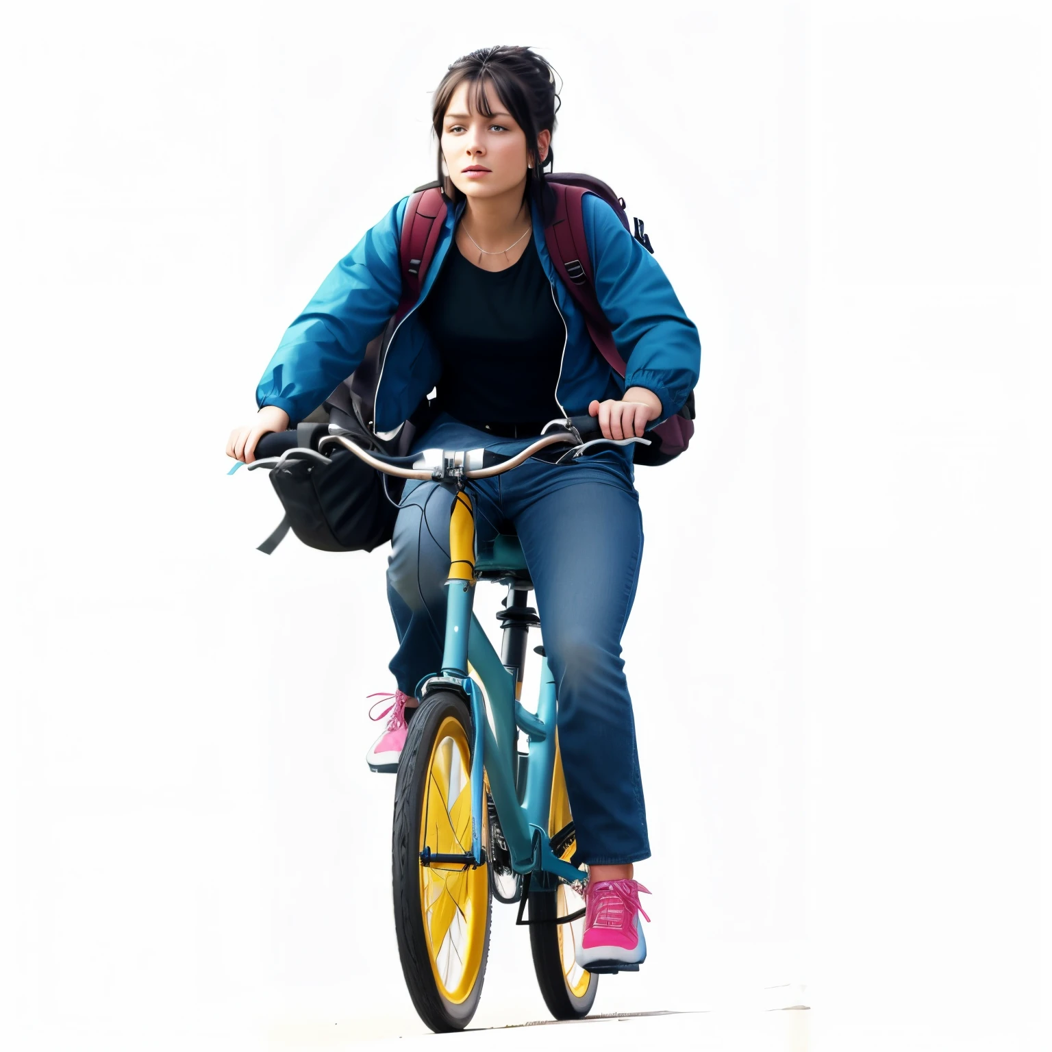 woman riding a bike with a backpack on the back, hair like cleopatra, riding a bike, big eyes, open eyes, student, picture of a female biker, cycling!!, bicycle, rides a bike, bicycles, hr, riding, promo art, college, from yowamushi pedal, biker, promo shot, looks smart, information, beginner, istock, girl, promo image, brilliant, hair like cleopatra. that's 1980