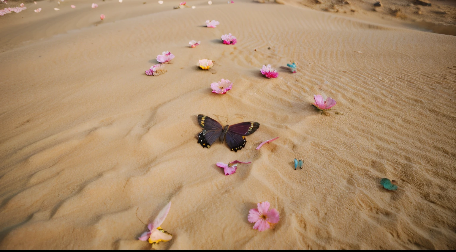 a beautiful, multicolored butterfly flies over a single flower , detalhista, realista, que nasceu da areia do deserto. flower with pink petals and blue leaves, estilizada, foto de filme, 4k, octane render