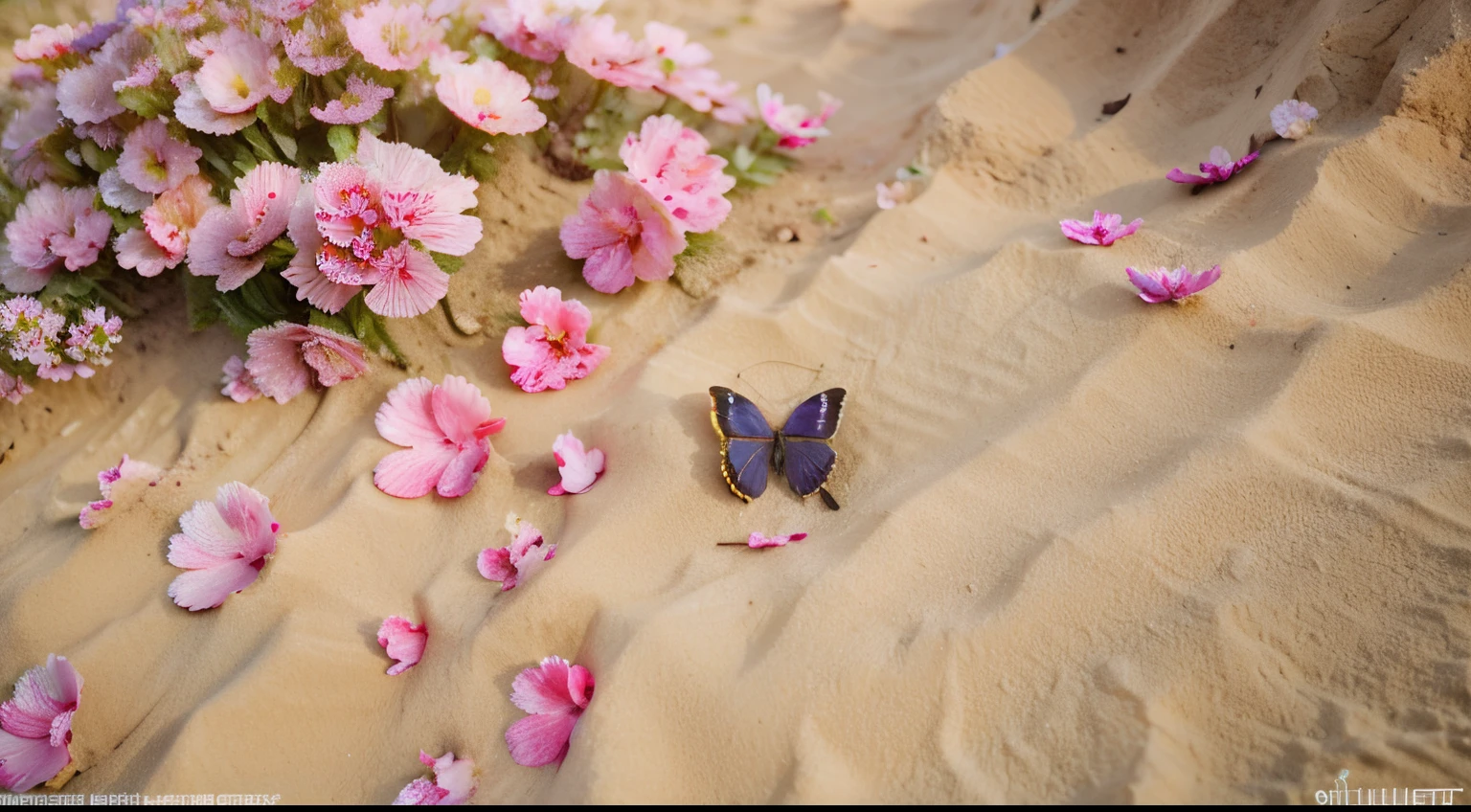 a beautiful, multicolored butterfly flies over a single flower , detalhista, realista, que nasceu da areia do deserto. flower with pink petals and blue leaves, estilizada, foto de filme, 4k, octane render