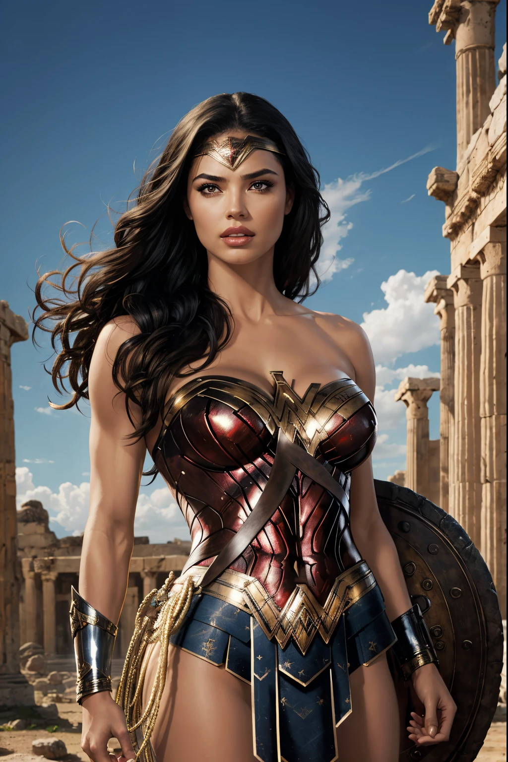 Art image of Adriana Lima as Wonder Woman, busty, beautiful, black hair, large breasts, ancient Athens background, by Louis Royo, Boris Vallejo, Frank Frazetta, extreme focus, sharp details, sexy