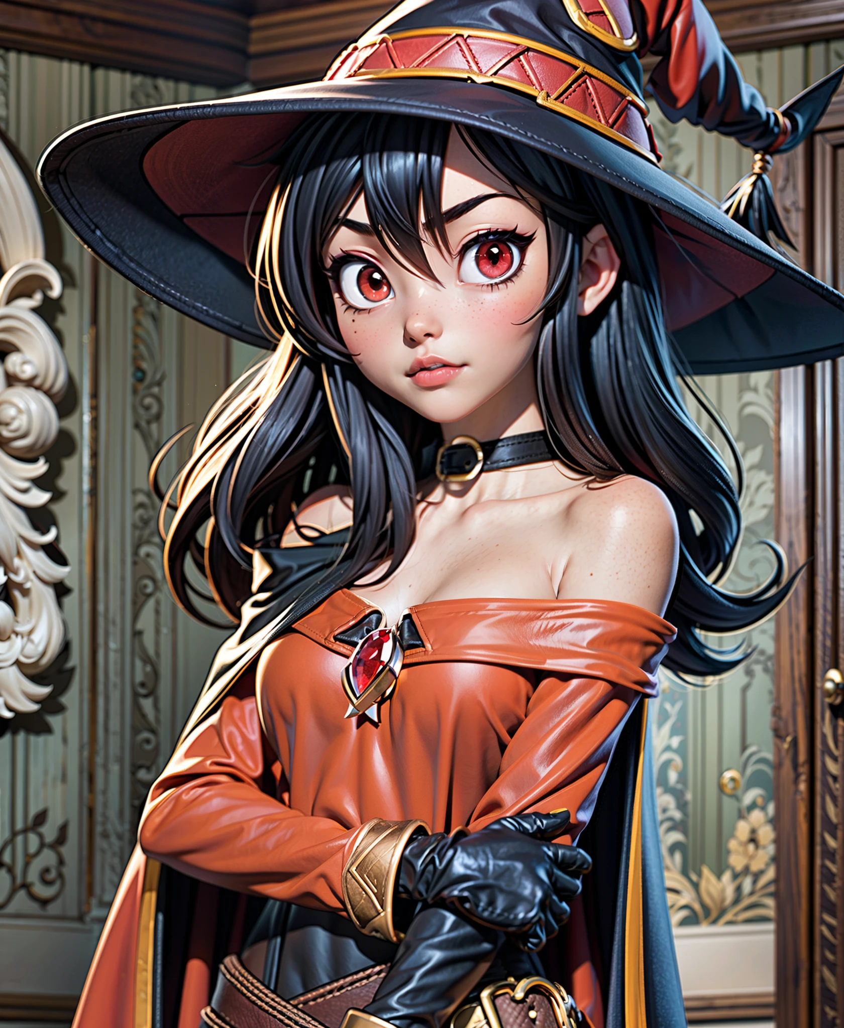 megumin, 1girl, bare shoulders, black cape, black gloves, black hair, blush, cape, choker, collarbone, dress, hair between eyes, hat, long sleeves, looking at viewer, medium hair, off-shoulder dress, off shoulder, red dress, red eyes, sidelocks, solo, witch hat, indoors