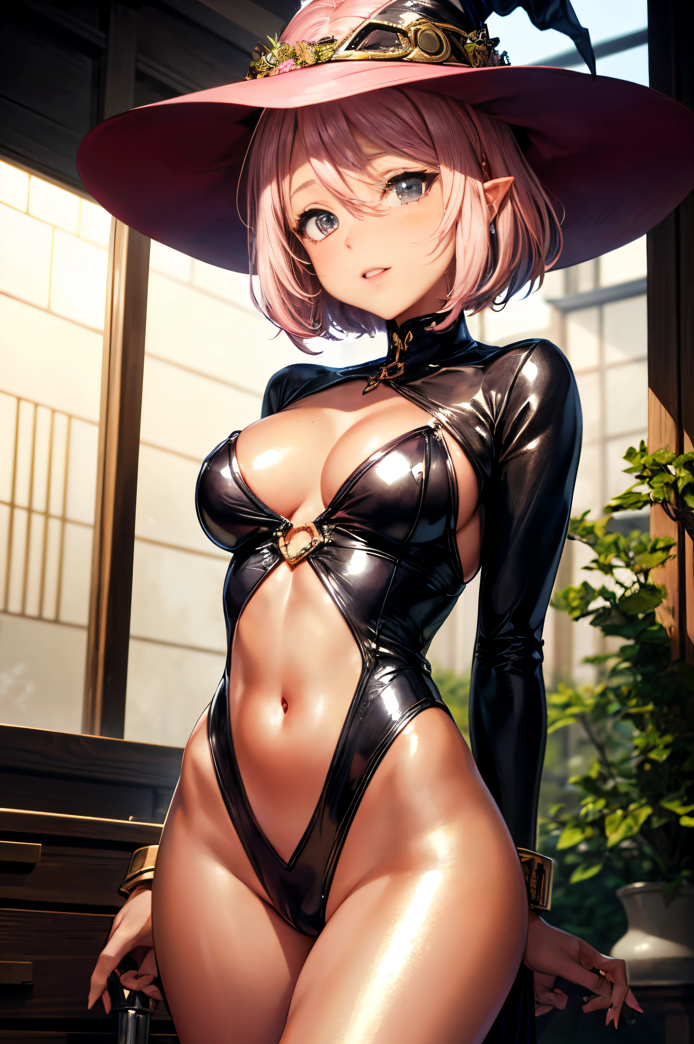 fantasy-inspired, (NSFW), ((Metallic costume:1.5)), ((Anatomically correct hand:1.5)), Anime, Sexy, ((In Kyoto Animation Style:1.5)), super precision, masterpiece, very extremely beautiful, Princess Face, ((1人の女性)), ((Solo:1.5)), ((Pink hair:1.5)), ((BobKat 1.5)), BREAK, ((Black eyes)), short-cut, ((Straight hair)), BREAK, Full limbs, ((complete fingers:1.5)), ((cute mechanical witch:1.5)), BREAK, ((Skindentation)), Professional Lighting, (25-years old), Narrow waist, Shiny skin ((Brown skin:1.5)), ((Oiled skin)), glistning skin, Looking at Viewer, Cowboy Shot, ((Dynamic Pose:1.5)), Looking at the camera, Sexy, A slight smil, Slightly open mouth, ((Arms behind your back:1.5)), Ultra-fine eyes, Ultra-fine face, ((thin lips:1.5)), Sexy, ((drooping eyes)), A slight smil, Sexy, ((portlate:1.5)), faces, Sexy, Looking at the camera, Sexy, , Colossal tits,