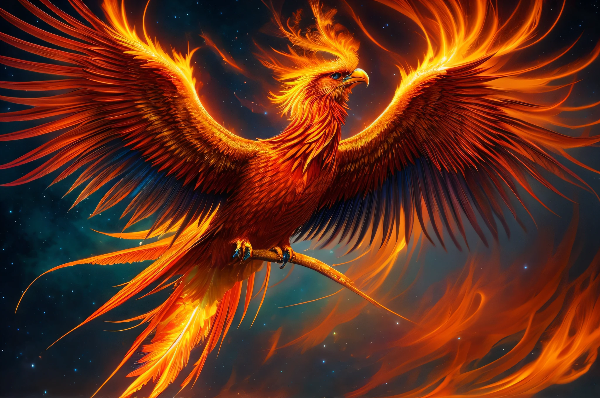 Majestic phoenix enveloped in flames, ethereal and vibrant (realistic: 1.37), (best quality, high resolution: 1.2), ultra-detailed feathers, intense orange and red tones, dynamic and captivating, fiery glow, mesmerizing shine, warmth intense radiating, intricate flames dancing in the wind, graceful curves of the phoenix body, radiant golden beak, sharp and piercing eyes, graceful posture, royal presence, magnificent wingspan, majestic feathers cascading, powerful energy emanating, mythical creature reborn from the ashes, mythological symbolism, vivid colors contrasting against a dark background, expertly crafted masterpiece worthy of admiration, evoking a sense of wonder and awe, a charming and captivating portrait of the legendary bird.