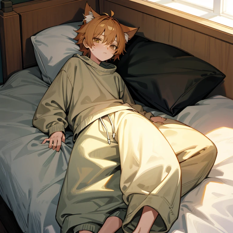 Cat boy in a baggy sweater and sweatpants laying on his bed tiredly