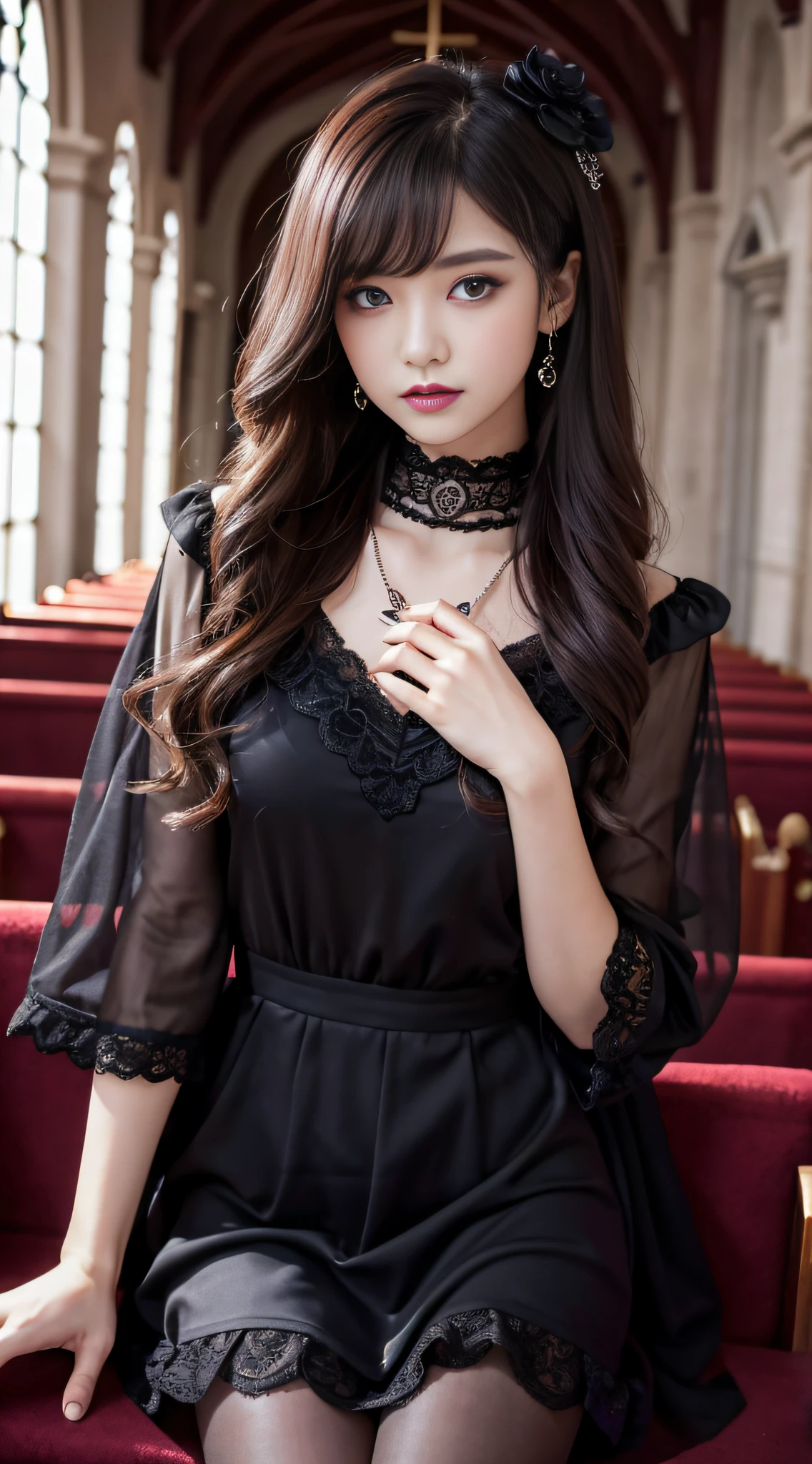 LTRA Details、Fascinating beauty、Dainty woman、Cool Girl、Wavy Hair、Black chiffon dress、Wide sleeves、flered skirt、Black pantyhose、Evil Female Executive、Evil Fall、brainwash、lacy fabric、Glossy legs、black lipstick、Evil look、Suspicious look、Hollow eyes、wicked、Reaching out、Arms up、In the Church、Palm forward、Purple Lipstick、Pendants