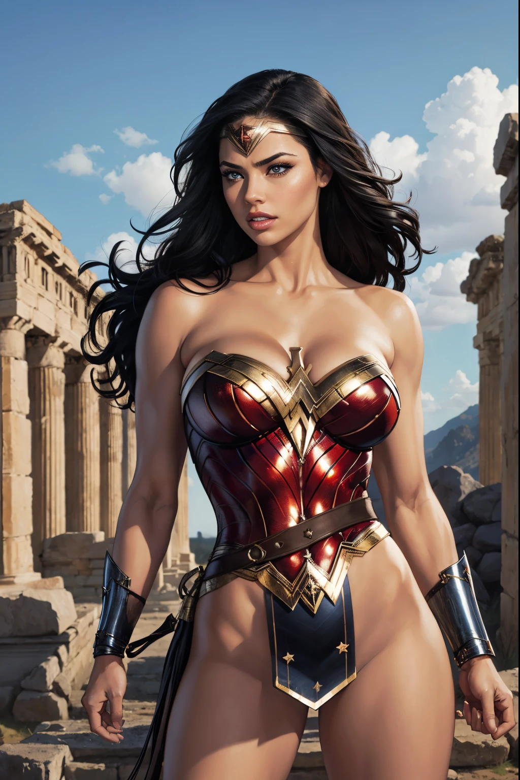 Art image of Adriana Lima as Wonder Woman, busty, beautiful, black hair, large breasts, ancient Athens background, by Louis Royo, Boris Vallejo, Frank Frazetta, extreme focus, sharp details, sexy