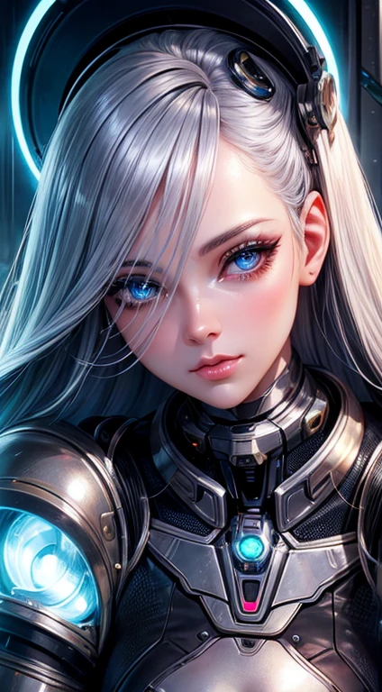 best quality,ultra-detailed,realistic,robot girl,beautiful detailed eyes,beautiful detailed lips,long eyelashes,metallic skin,shiny silver hair,mechanical limbs,high-tech background,sci-fi style,vivid colors,studio lighting