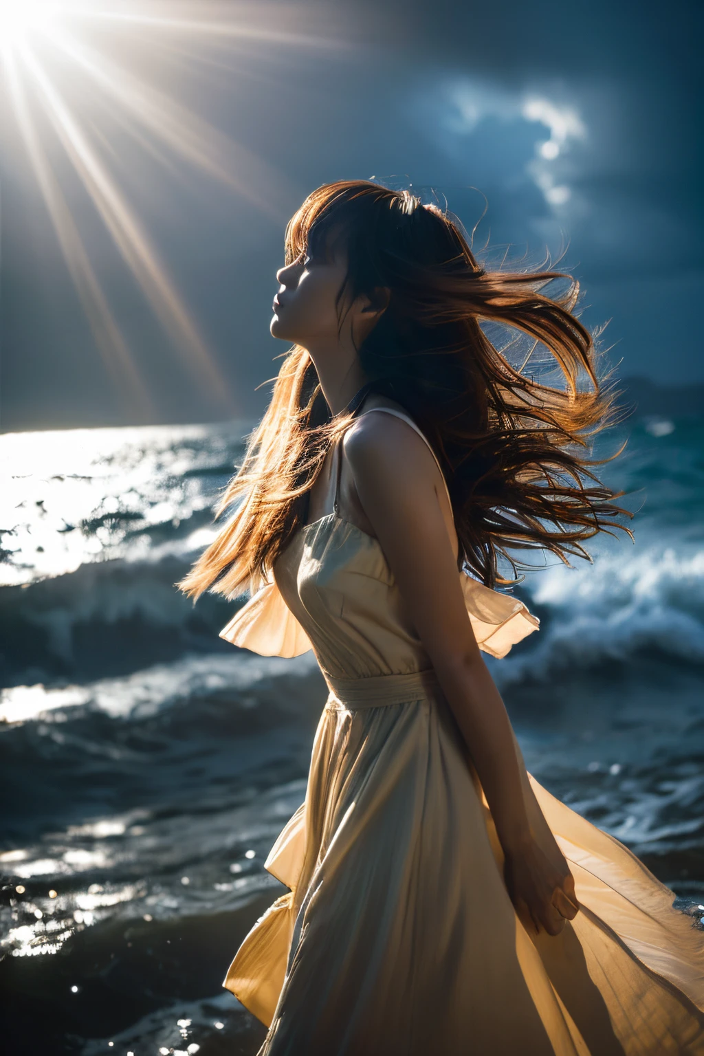 ((of the highest quality)),((masutepiece)),((Very beautiful)), Dramatic light and shadow, One girl, hair messy, Realistic skin texture, strong breeze, Rain, rough sea, Feminine pose