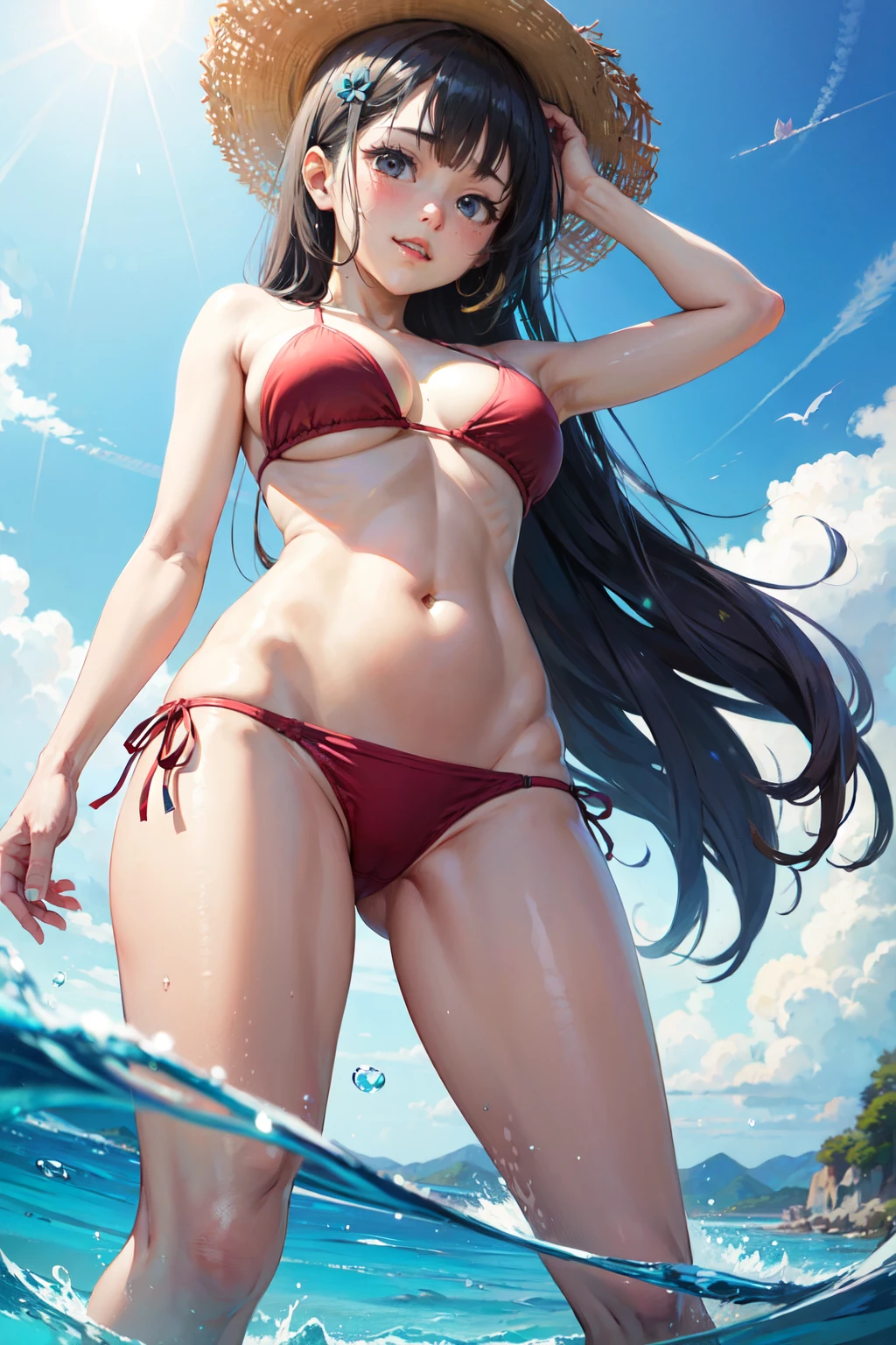 1 bikini girl、embarrassed from、Getting into the sea、 (View from below:1.1),夏天、Sunnyday、((((pee stain))))、