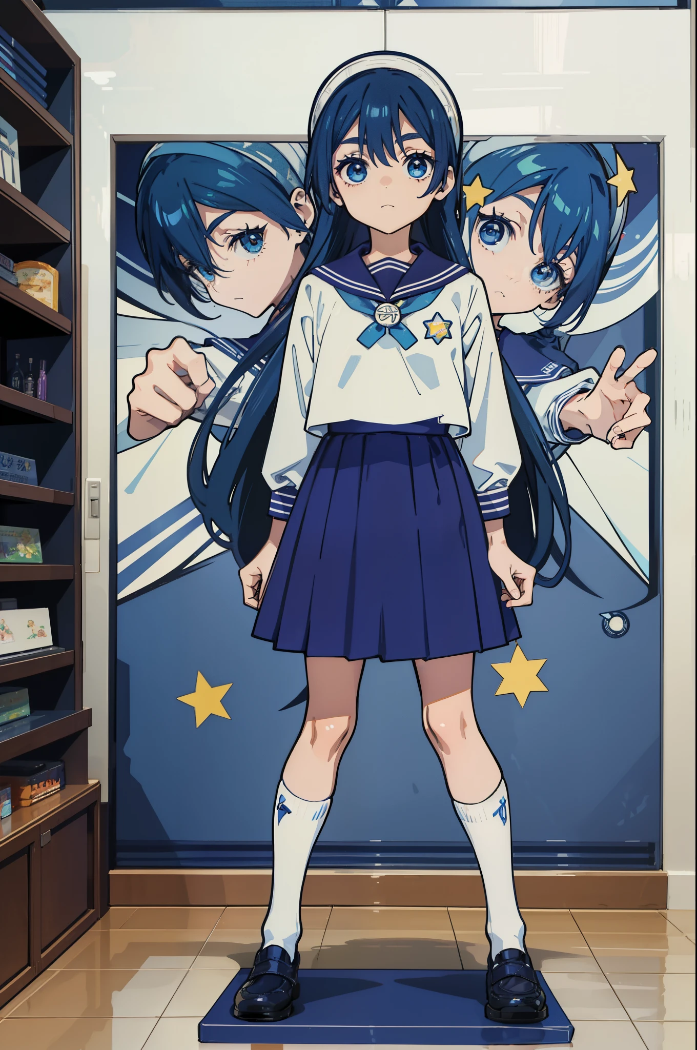 Standing、Cute,Standing、 Q version of the character、Standing, cartoon,Standing、 Full body, Three-headed body, Standing, Long hair, 10〜12year old, beautiful skirt, Sailor Suit, Calf Socks, Big eyes, Blue, Bow, Little stars, shine, Many details, Official art