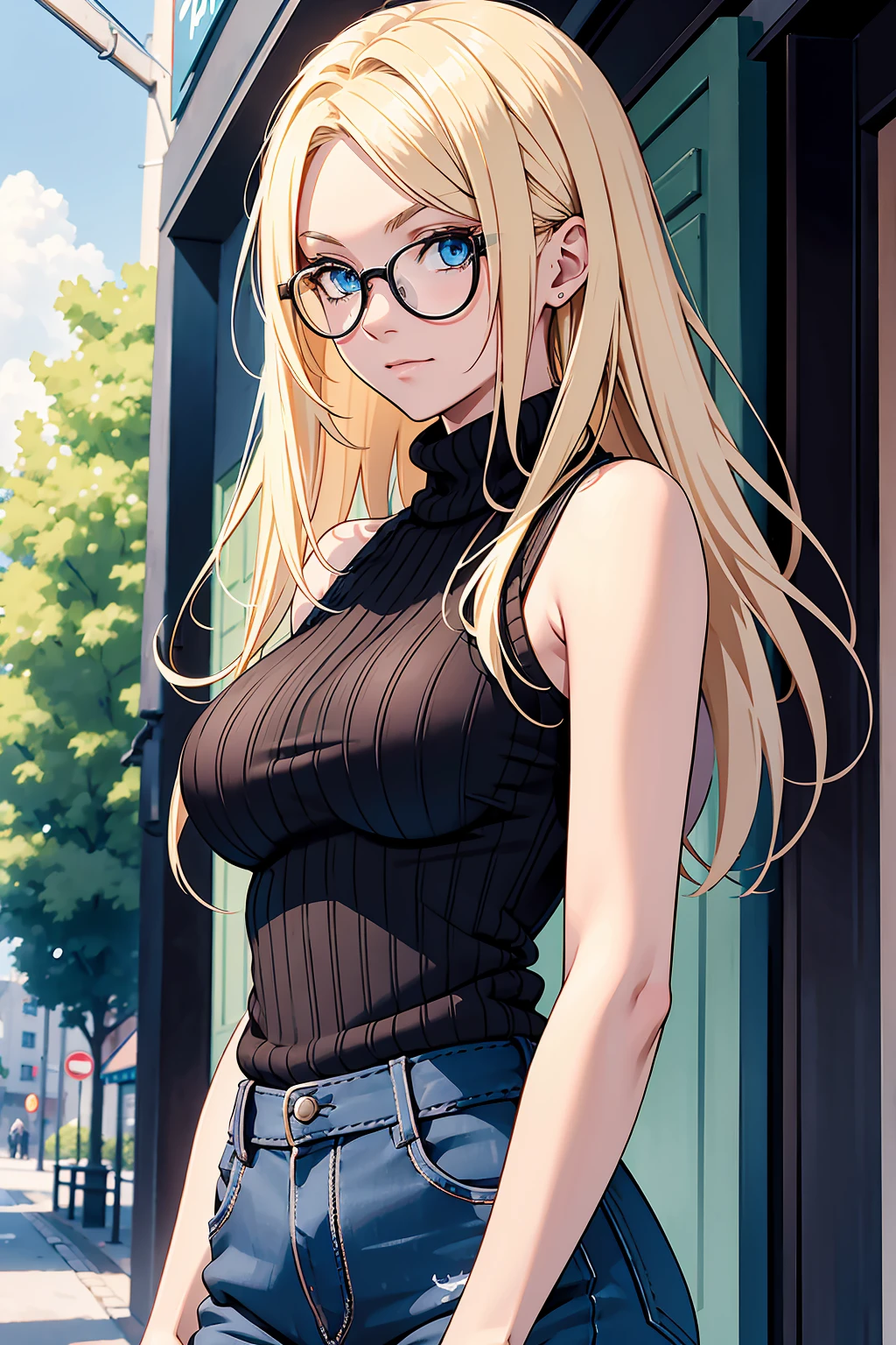 Meisterwerk, Atemberaubend realistisch, fotorealistisch, 12K-UHD, best quality, Sharpness, scharfes Gesicht,1 girl,blonde hair,blue eyes,middle long hair,straight hair,black round glasses,tanktop,knitted sweater,skinny jeans,middle large boobs,arms behind back,stehend in einer stadt mit palmen