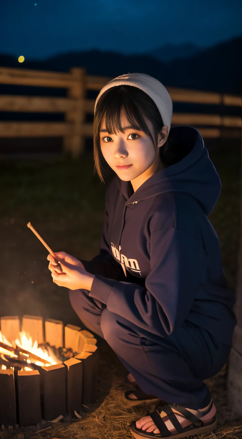 (top-quality,8K,​masterpiece:1.3,),(超A high resolution,Photorealsitic:1.4,Raw photography),(ultra-detailliert,shinny skin,Delicate skin),(Detailed face,Perfect Anatomy,Caustics),(little girl making a bonfire in the mountains),Sit behind a bonfire,kawaii,18year old,japanes,Japanese ido,smil,Looking at the camera,A dark-haired,Short ponytail,large boob,(Hooded hoodie),long trousers,deep in the night,starrysky,(Bonfire Up),(Bonfire focal point),low angles,