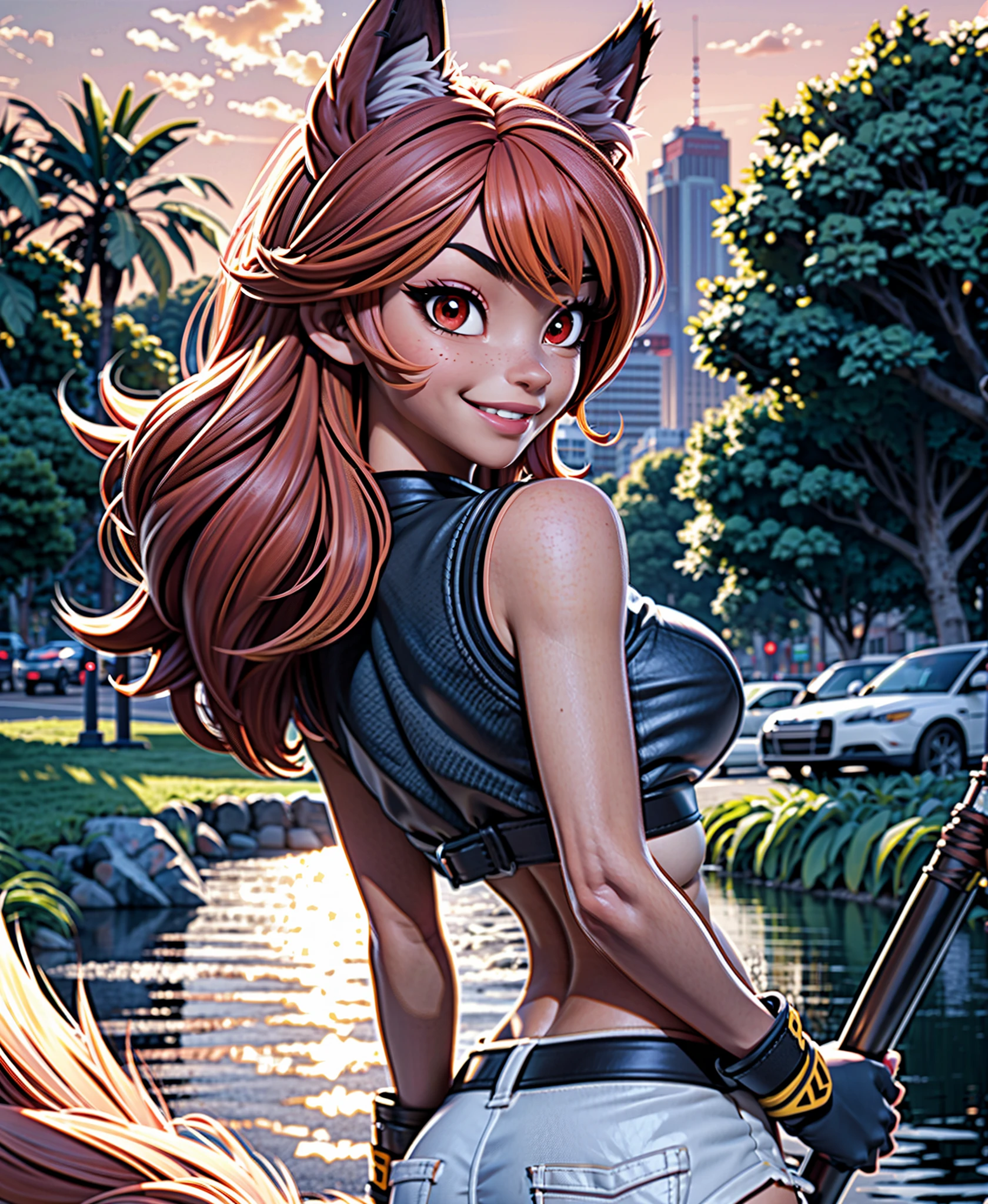 (best quality, masterpiece:1), solo, furry female anthro, fur texture, red eyes, yellow sclera, (crop top, midriff, booty shorts), (smile, seductive smile), blushing, fingers, finger claws, sexy pose, looking at viewer, medium hair, parted lips, seductive, fox tail, (outdoors, park), upper body shot, by zackary911, by fluff-kevlar, by wizzikt, by ruaidri, by braeburned, by dacad, by zaush