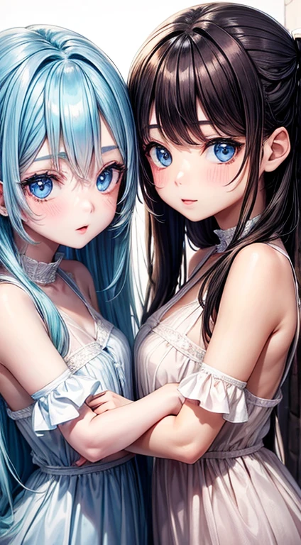 twin girls with different hair color and opposite eye color