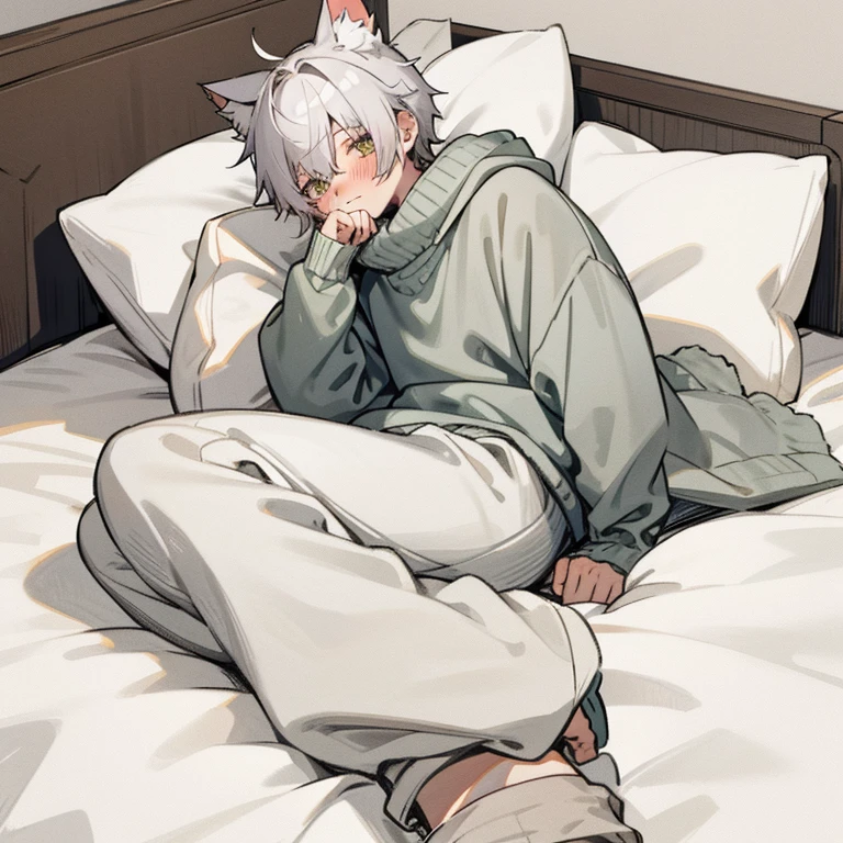 Cat boy in a baggy sweater and sweatpants laying on his bed tiredly, cat tail and ears, baggy sweater and sweatpants, arm above head, tired face, blushing slightly, laying on bed, comfy pillow,