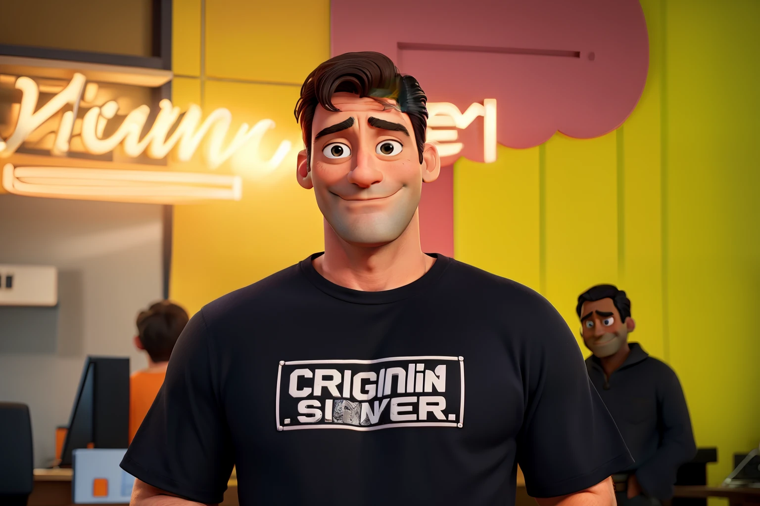 Jon Hamm, Cartoons in orange shirt and black pants, arms crossed, olhando para frente e sorrindo com os dentes aparecendo;