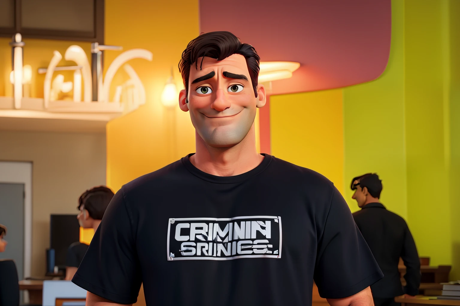Jon Hamm, Cartoons in orange shirt and black pants, arms crossed, olhando para frente e sorrindo com os dentes aparecendo;
