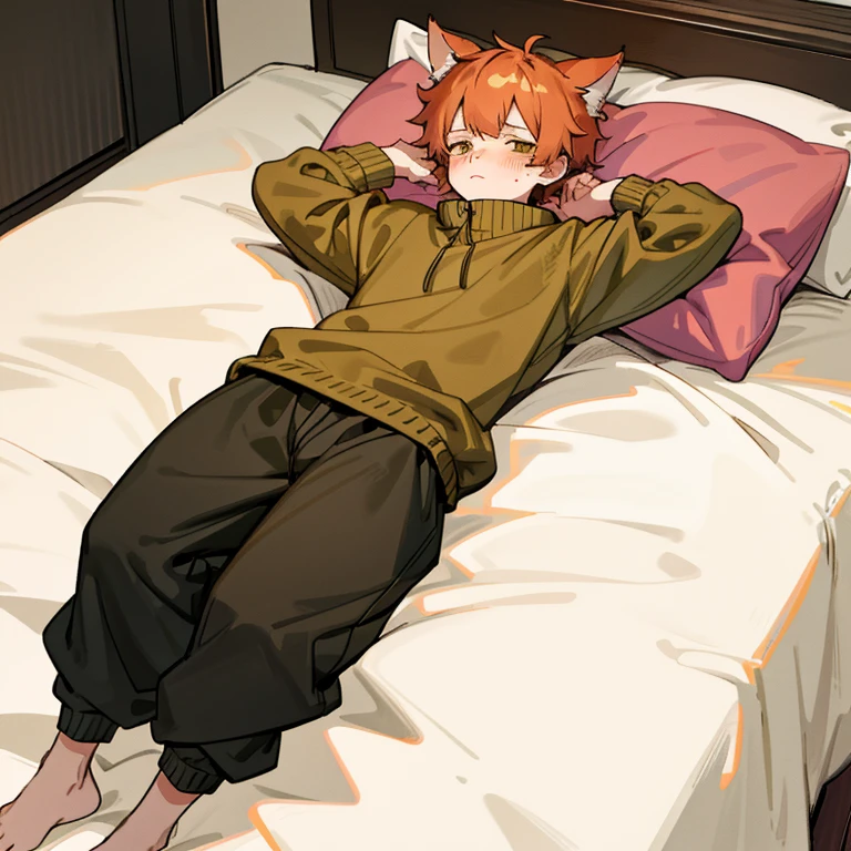 Cat boy in a baggy sweater and sweatpants laying on his bed tiredly, cat tail and ears, baggy sweater and sweatpants, arm above head, tired face, blushing slightly, laying on bed, comfy pillow, calico,