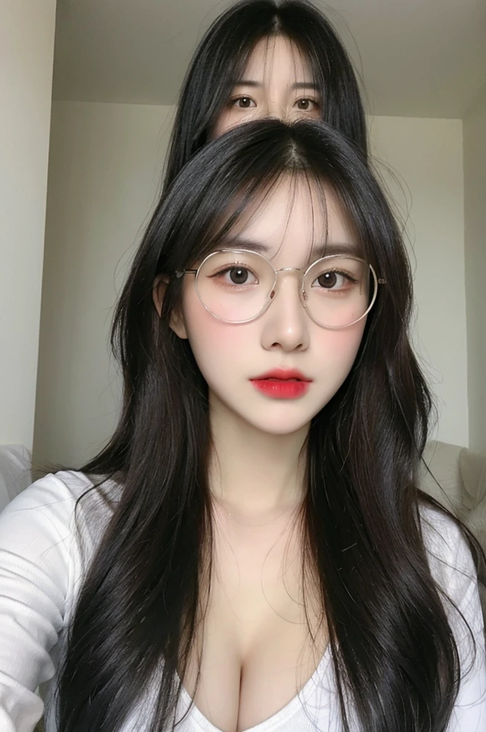 (realistic, high resolution:1.3), 1 girl with perfect figure,thin round glasses,light on face, pale white skin,looking at viewers, super fine face and eyes, long blonde hair, deep v-neck white transparent shirt, in bedroom, sit on the bed, massive breasts, exposed cleavage