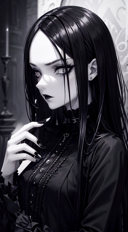 twingirls, goth, dark makeup, long hair, black clothing, dramatic poses, pale skin, intense eyes, silver jewelry, moody background, black and white photography, studio lighting, high contrast, mysterious atmosphere, edgy style, grunge, Gothic architecture, urban setting, dramatic shadows, black nail polish, intense stares, gloomy atmosphere, monochromatic color scheme, haunting beauty