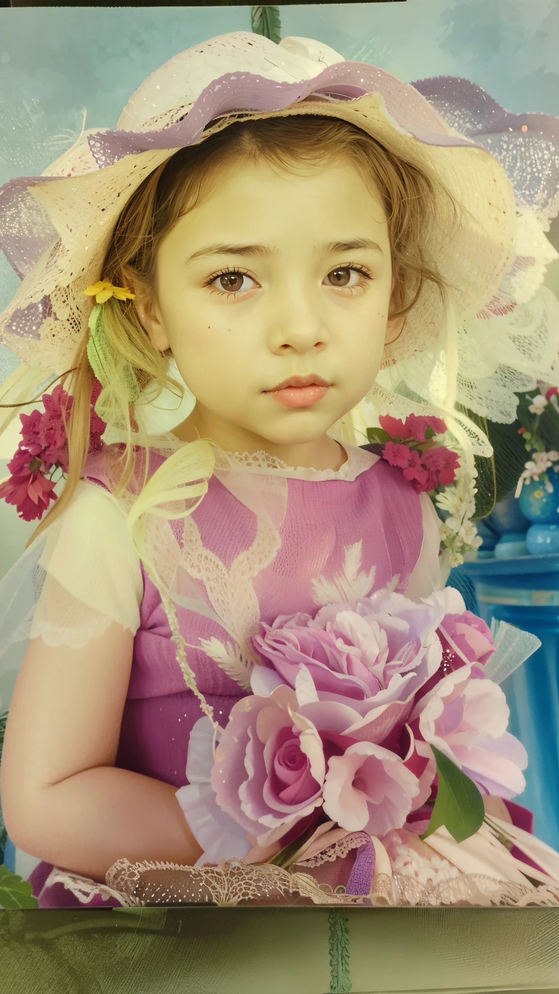 there is a photo of a girl in a dress and hat, Retrato da princesa da fada, Retrato da fada, inspirado em Anne Geddes, retrato caprichoso, colagem digital, inspirado em Margaret Brundage, Retrato de uma fada, your face is a lilac flower, inspirado por Mary Cassatt, inspirado em Johanna Marie Fosie