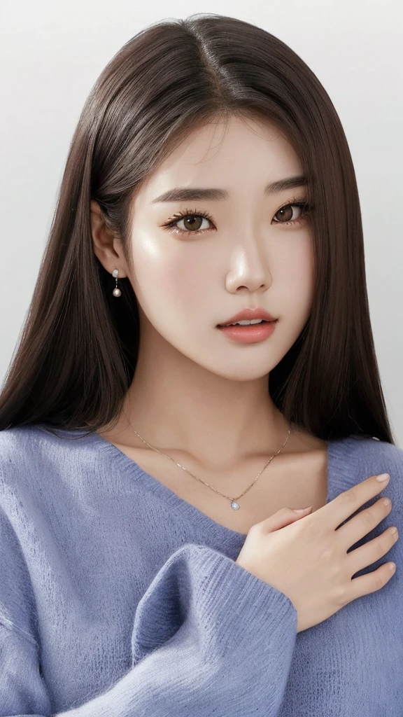 a woman with long hair wearing a blue sweater and earrings, Joven y adorable rostro coreano, Jaeyeon Nam, Linda actriz coreana, Hermosa joven coreana, Hermosa mujer surcoreana, Hermosa joven coreana, Wan adorable cara coreana, Lee Ji-eun, Lee Ji - Eun, Heonhwa Choe, maquillaje coreano popular, Chica coreana, Jinyoung Shin, Parque Ji-min